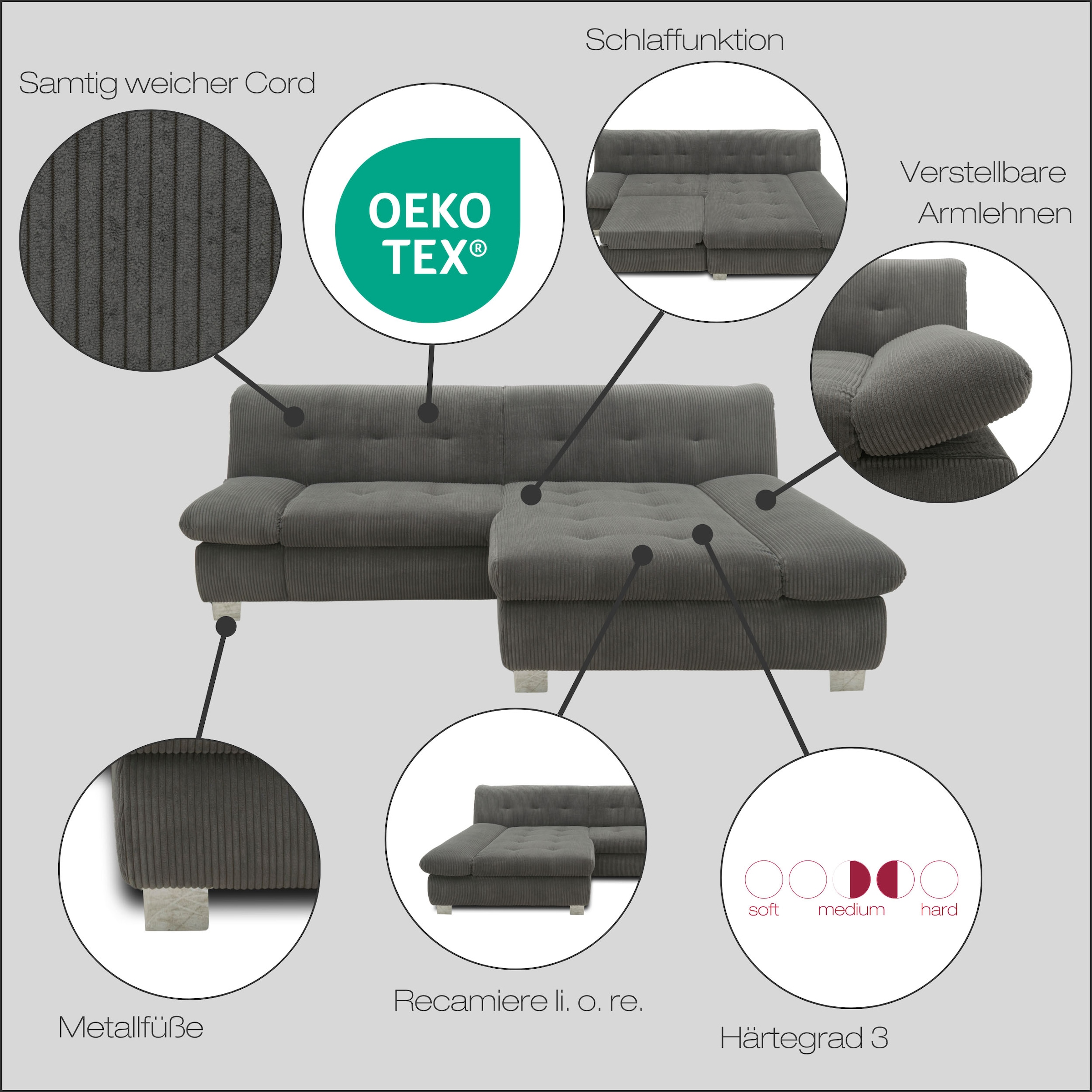 DOMO collection Ecksofa »100031 kompakte Stellmaße, komfortabel und bequem, L-Form«, wahlweise mit Bettfunktion und Armteilverstellung. Breite 234cm