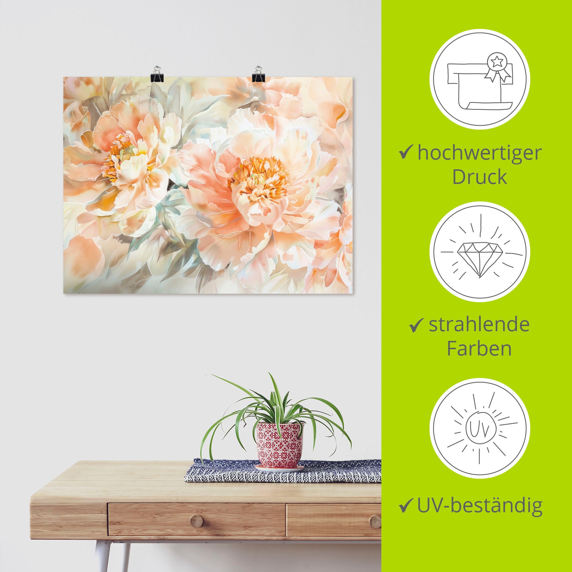 Artland Wandbild »Pfirsisch Farbene Pfingstrosen Aquarell« 1 Stk. tlg. als Alubild, Leinwandbild, Poster, Wandaufkleber in verschied. Größen