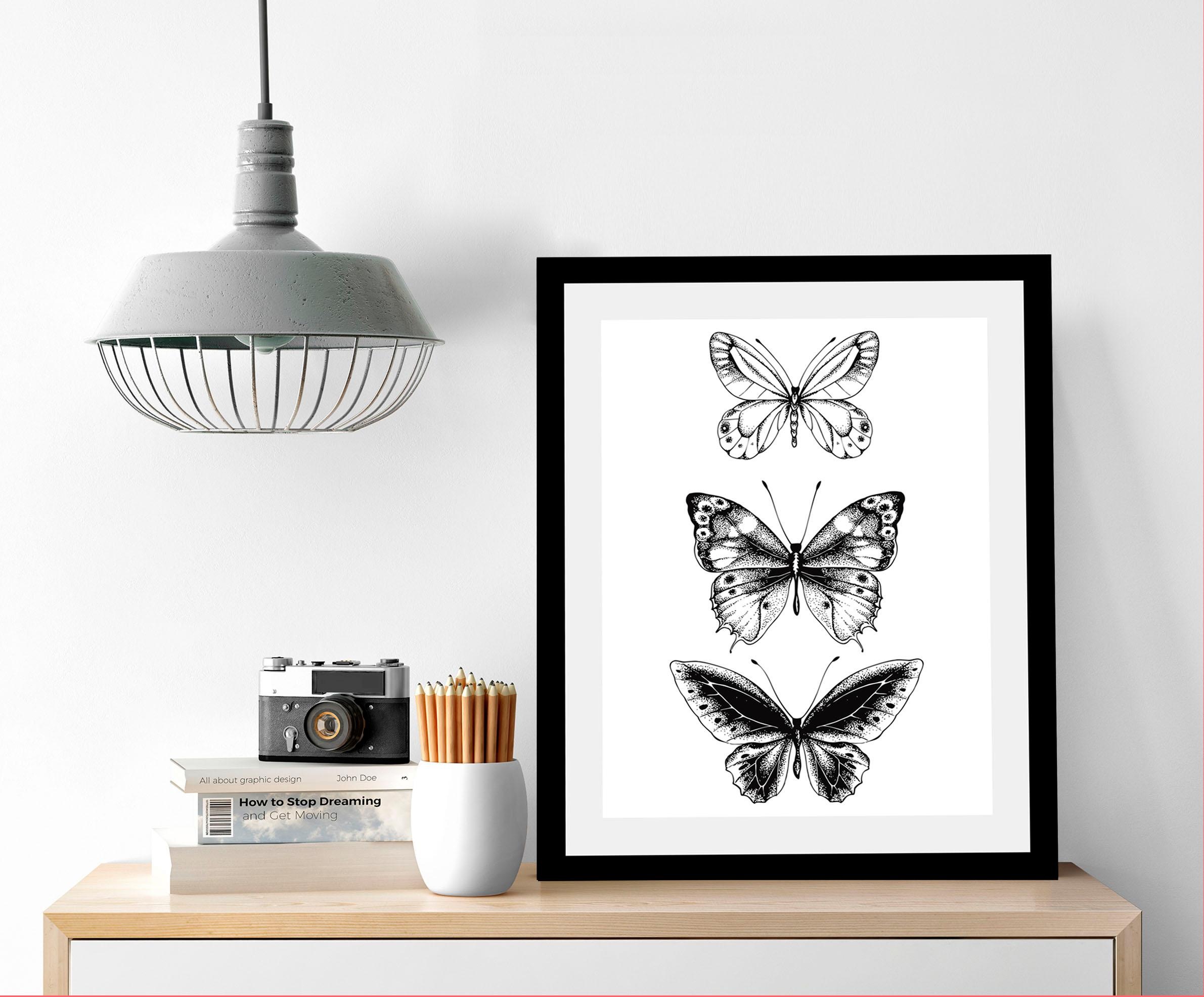 queence Bild »Schmetterlinge«, Tiere-Schwarz-Weiß-Kunst-Insekten-Schmetterlinge, HD Premium Poster-Druck inkl. Holzrahmen