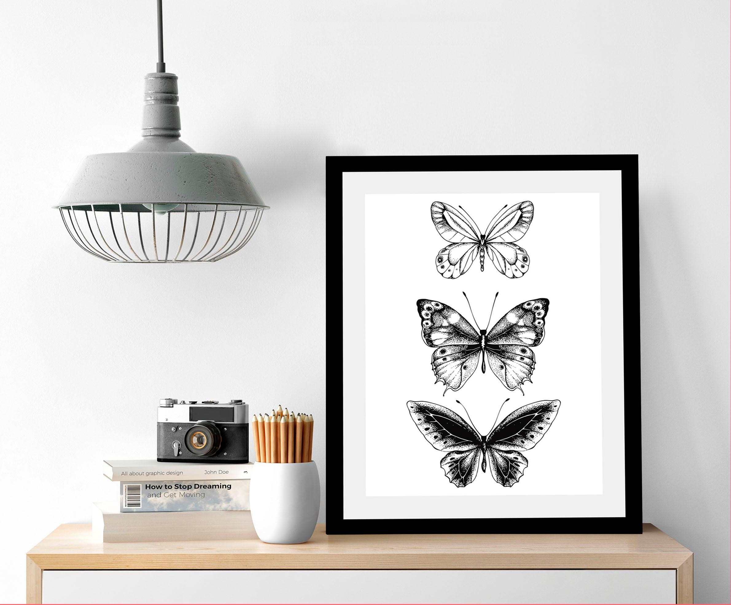 queence Bild »Schmetterlinge«, Tiere-Schwarz-Weiß-Kunst-Insekten-Schmetterl günstig online kaufen