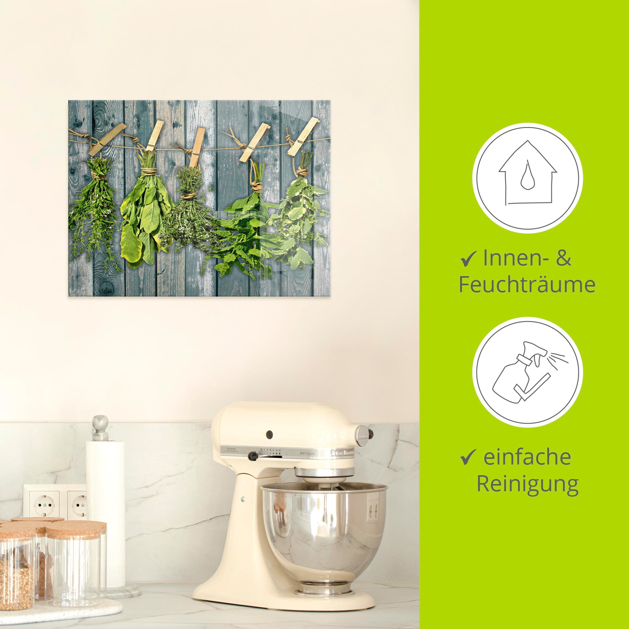 Artland Glasbild »Kräuter mit Holzoptik«, Pflanzen, (1 St.)