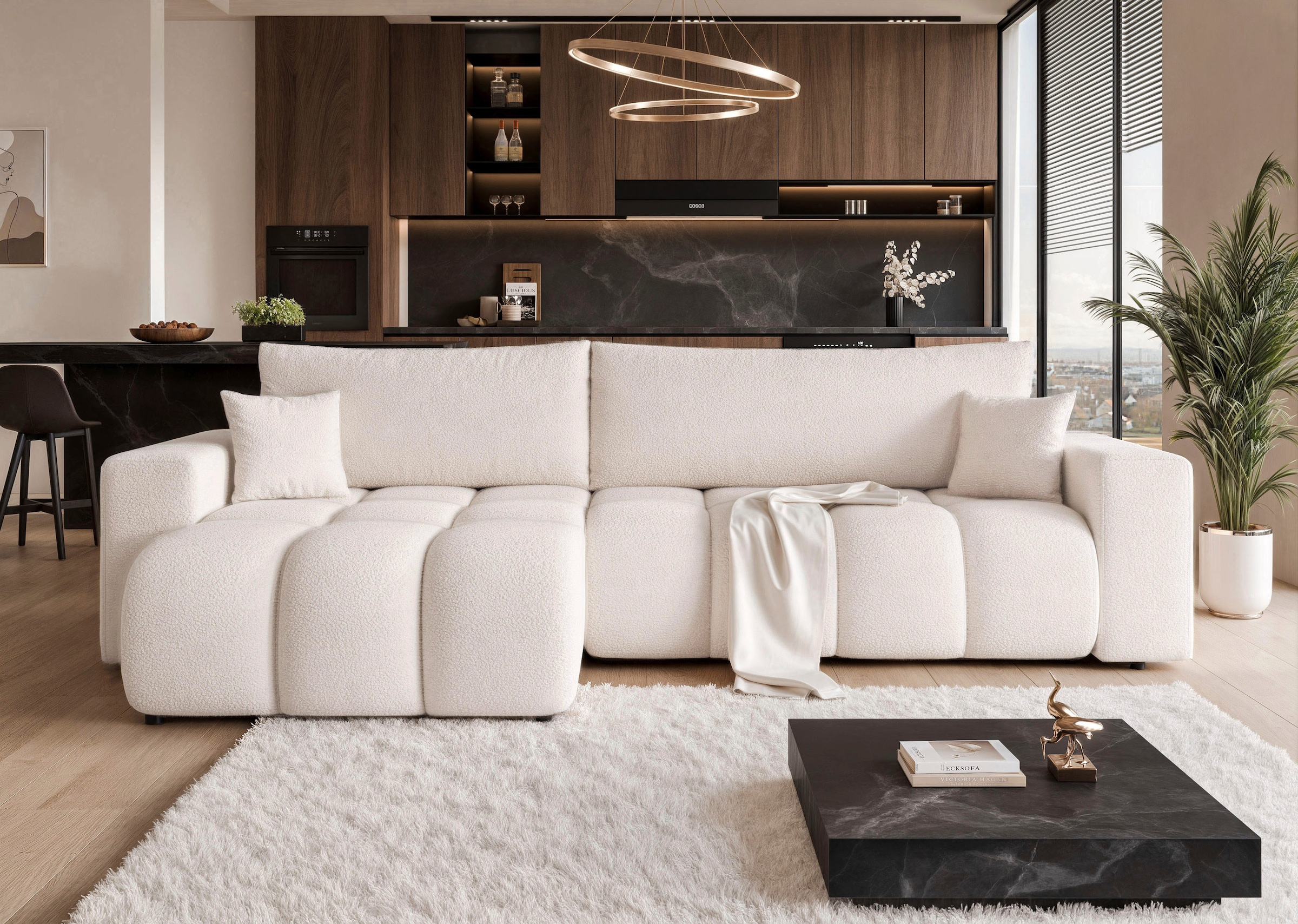 WERK2 Ecksofa »Ofi XL L-Form Sofa in Bubble-Optik mit Schlaffunktion und Bettkasten« Trendstoff Bouclé – Ottomane beidseitig montierbar, inkl. 2 Zierkissen