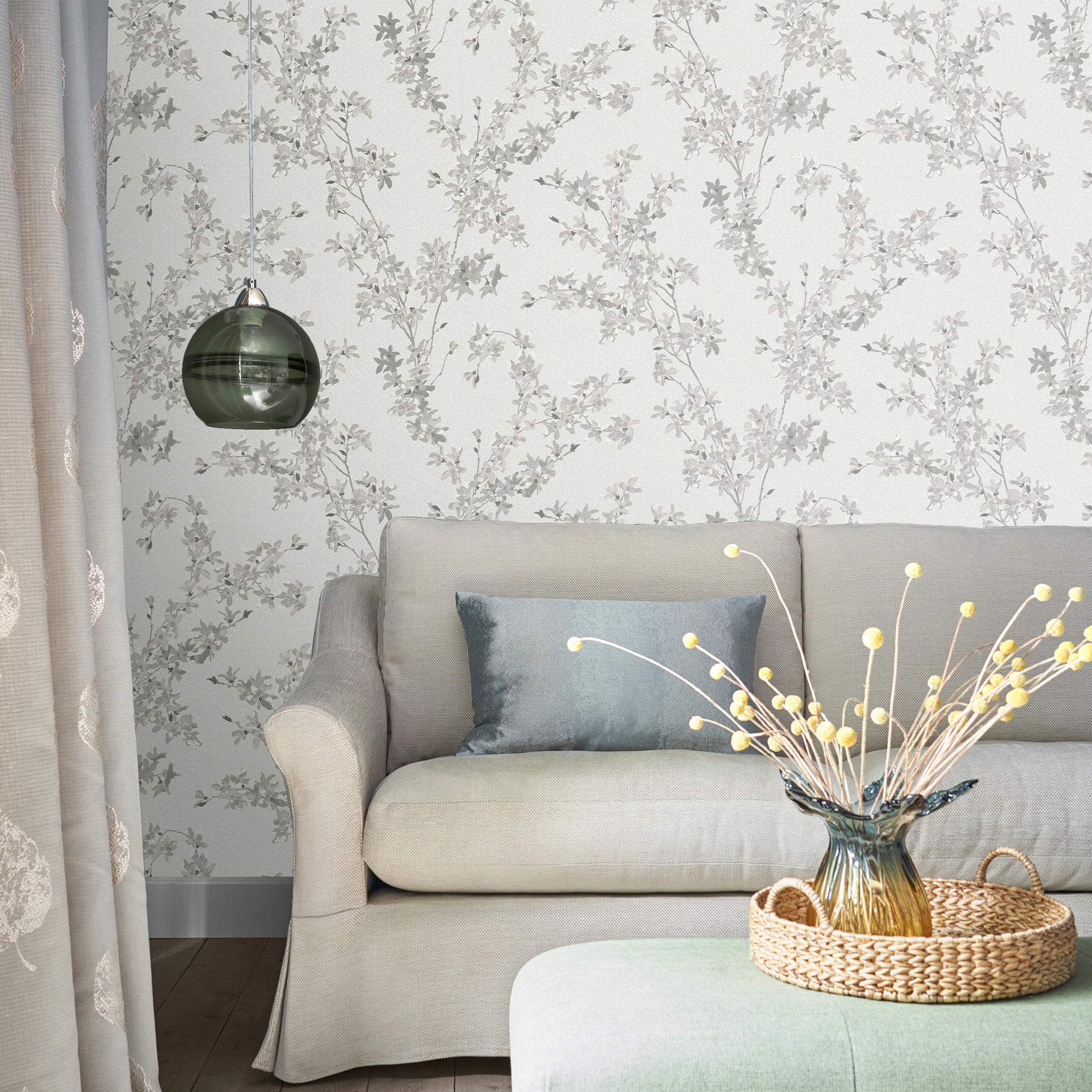 Papier peint intissé Laura Ashley Fleurs Forsythia Steel 1005 x 52cm Gris