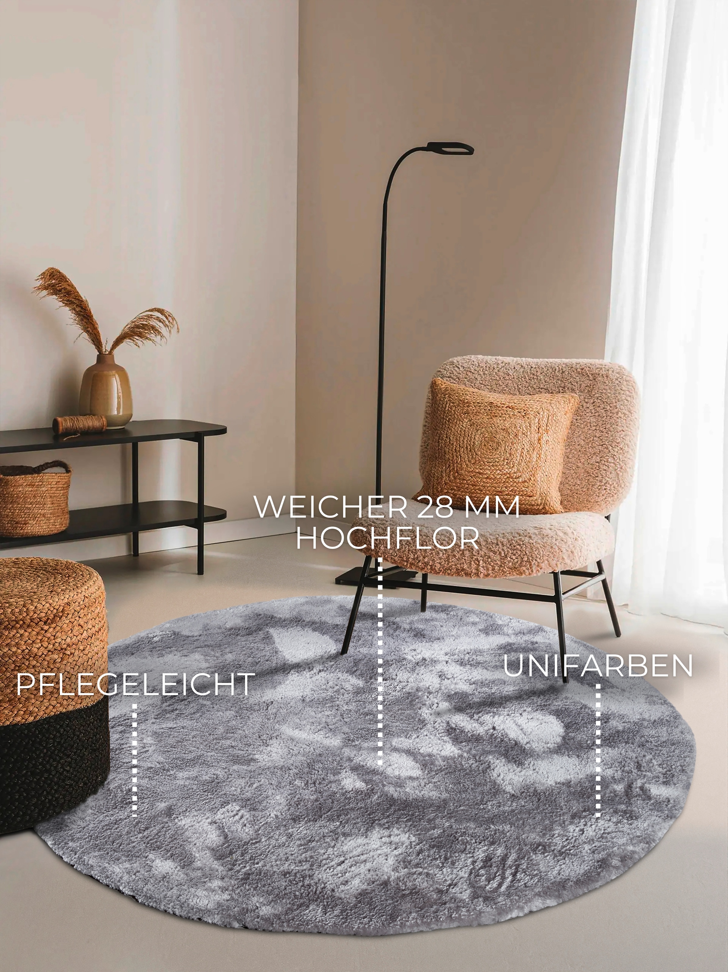 ELLE DECORATION Hochflor-Teppich »Calida«, rund, 28 mm Höhe, Langflor, Shaggy, einfarbig, flauschig, weich, glänzend, modern, uni