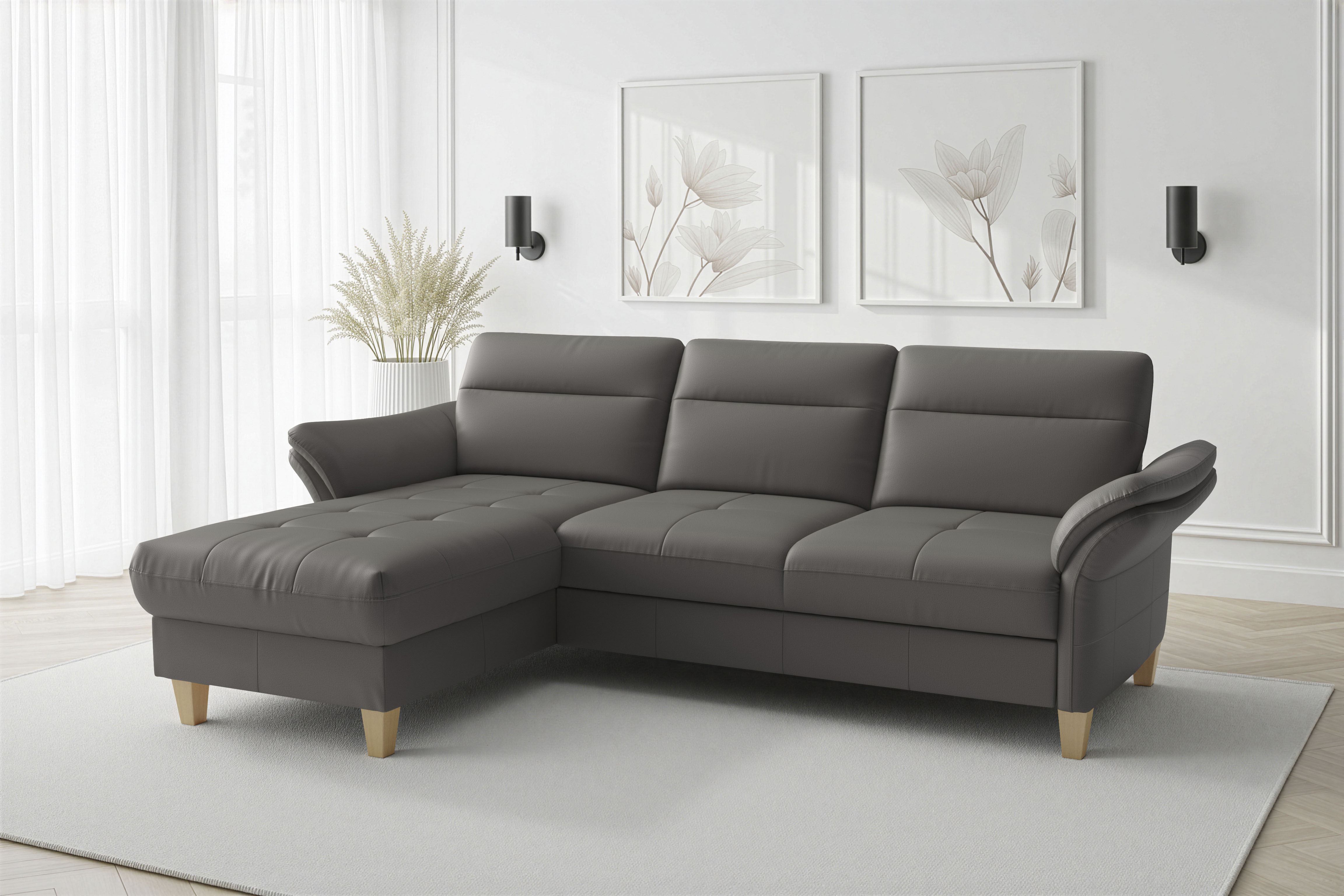 sit&more Ecksofa "Pamela L-Form, Leder, B: 218 und 230 cm mit Recamiere links od. rechts" optional Armteilverstellung, Schlaffunktion & Bettkasten