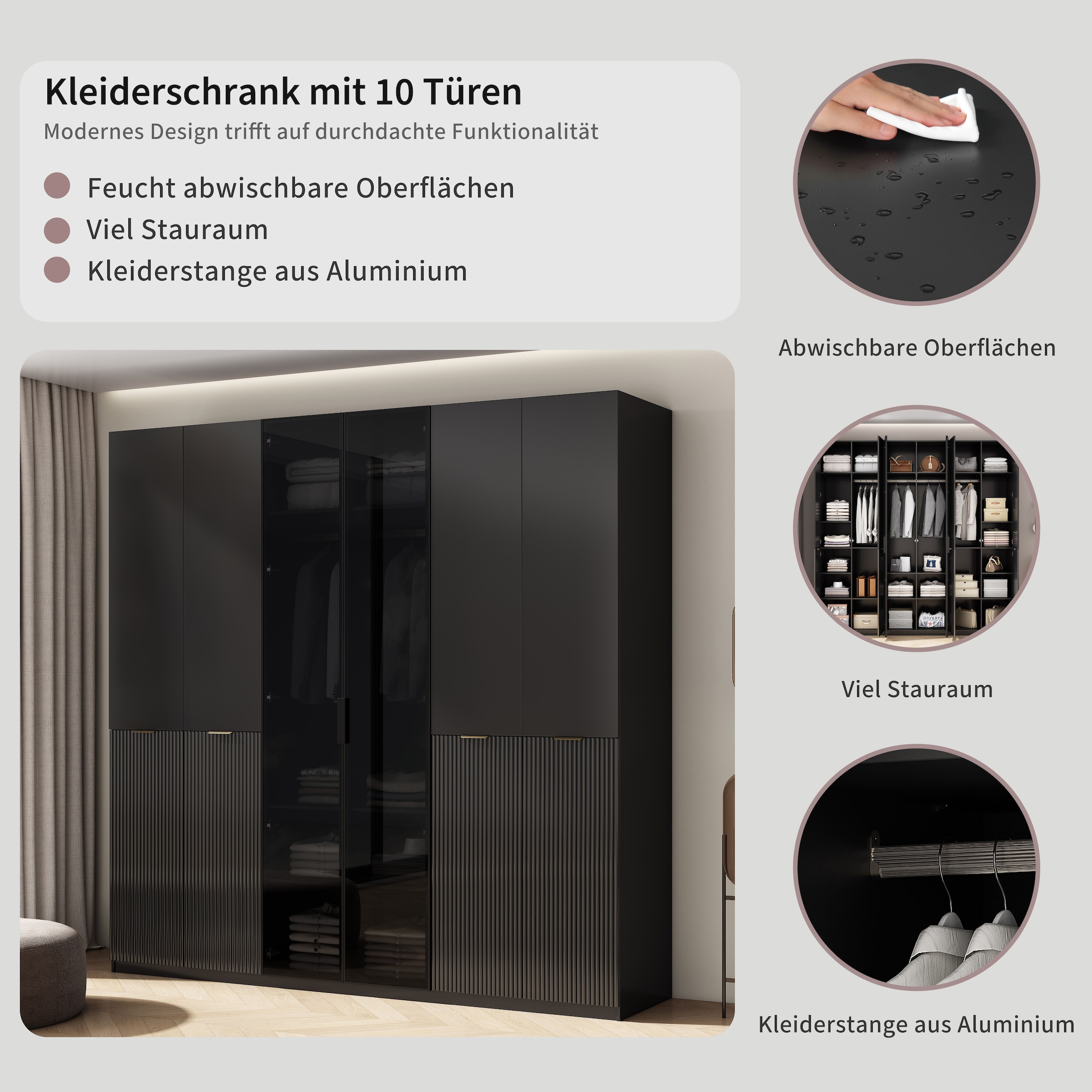 OTTO home Kleiderschrank »Jorella Schlafzimmerschrank Garderobe mit Softclose Türen Glastüren« eleganter Schlafzimmerschrank Rillendesign Trend Breite 241cm Grauglas