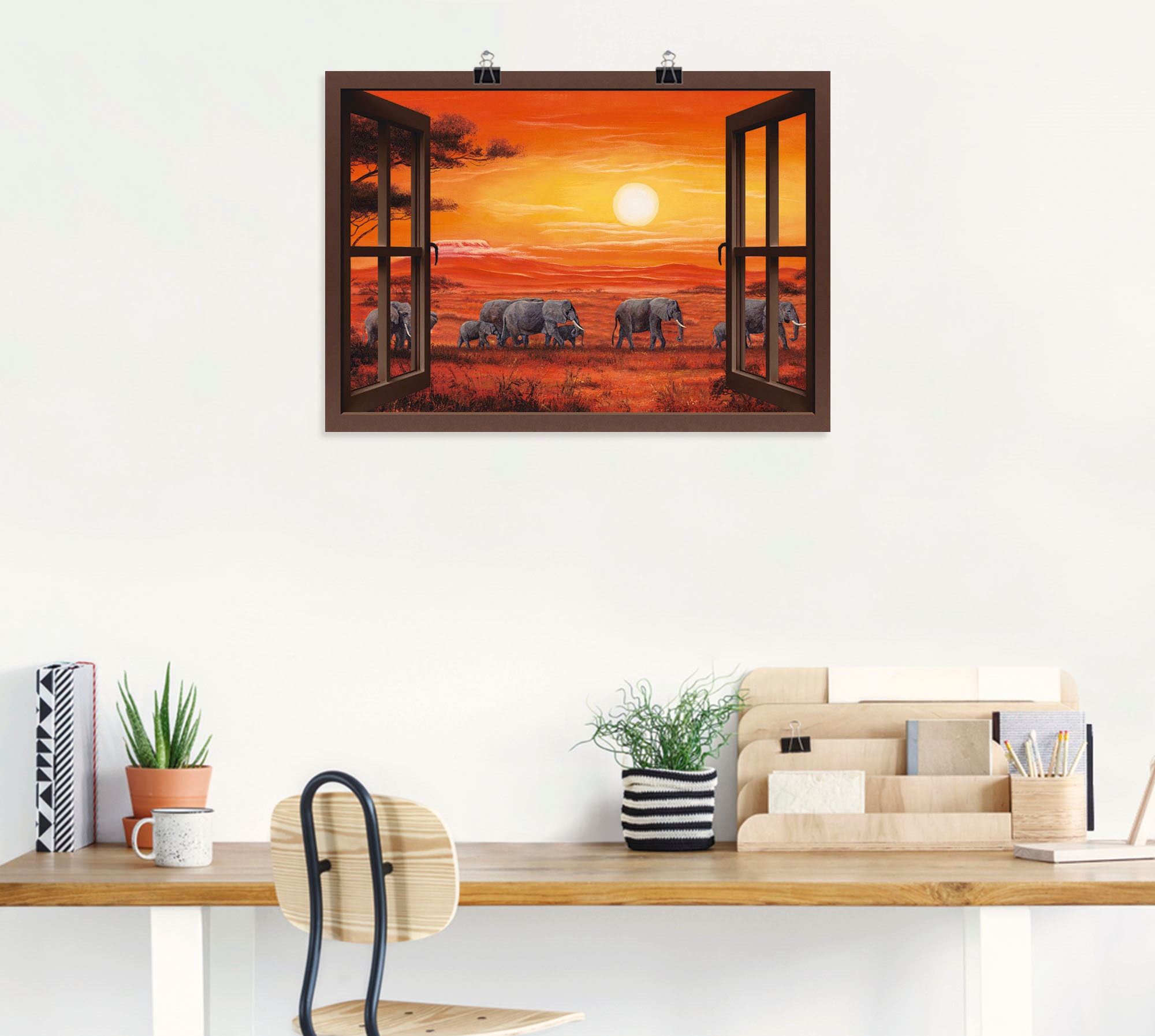 Artland Wandbild »Fensterblick - Elefantenherde«, Fensterblick, (1 St.), als Leinwandbild, Poster, Wandaufkleber in verschied. Größen