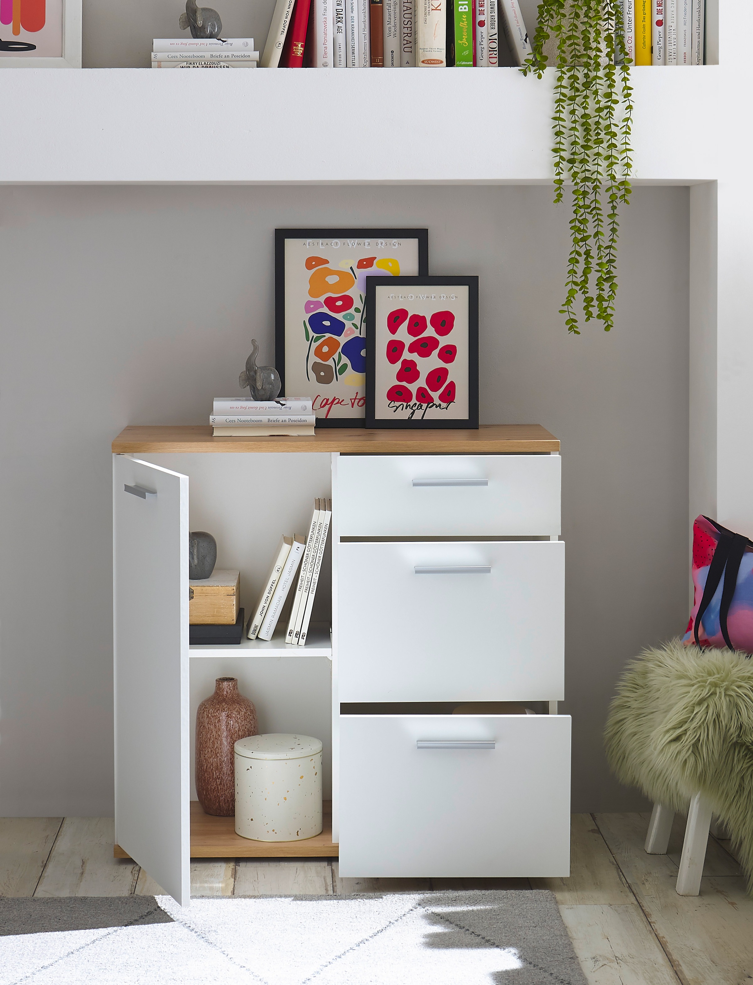 HBZ Kommode »BC1035 weiß matt, BxHxT 95x86x38 cm«, Kommode mit 1 Tür, 3 Schubkästen, 1 Einlegeboden