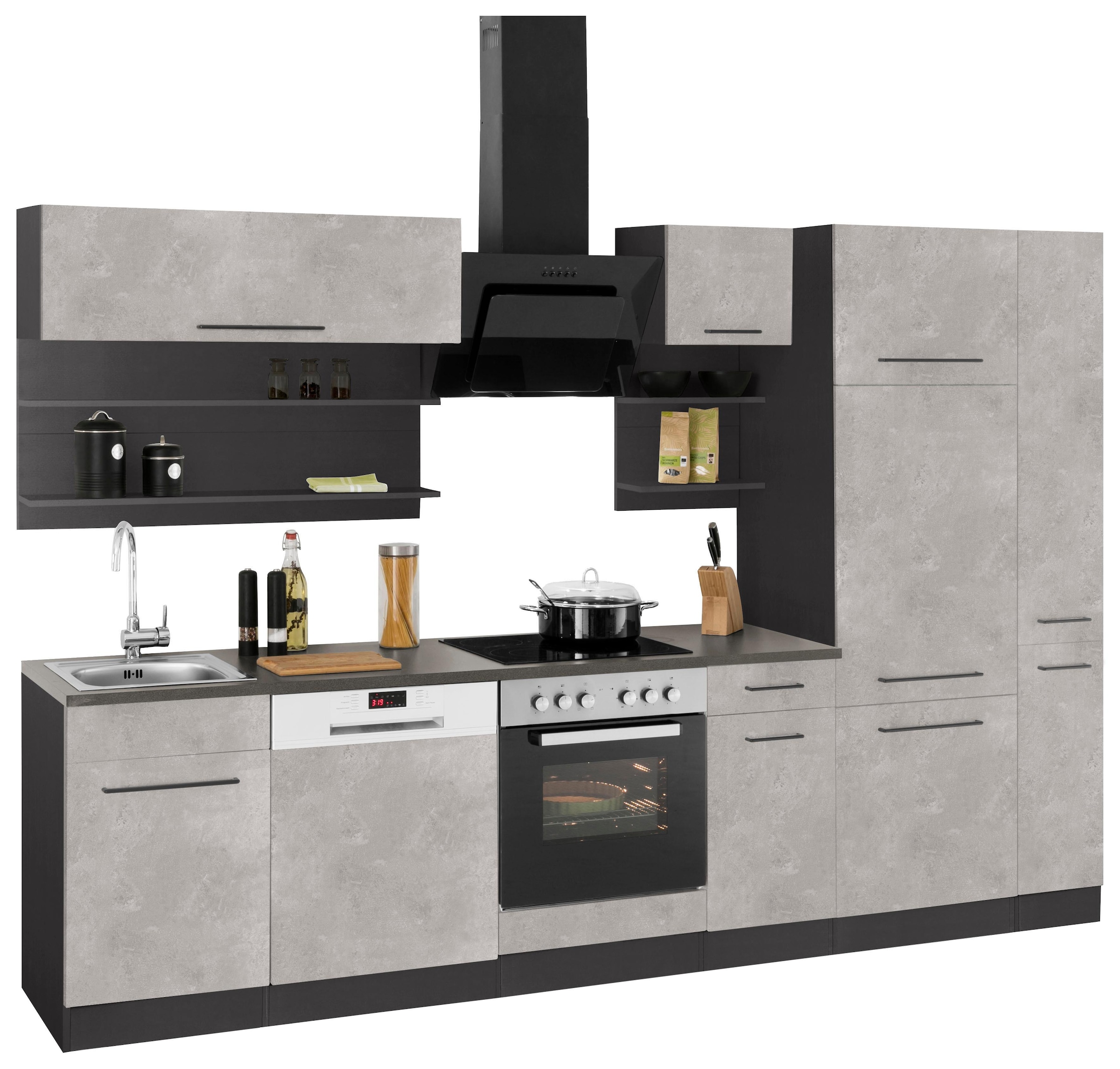 KOCHSTATION Küchenzeile »KS-Tulsa«, mit E-Geräten, Breite 300 cm, schwarze Metallgriffe, MDF Fronten