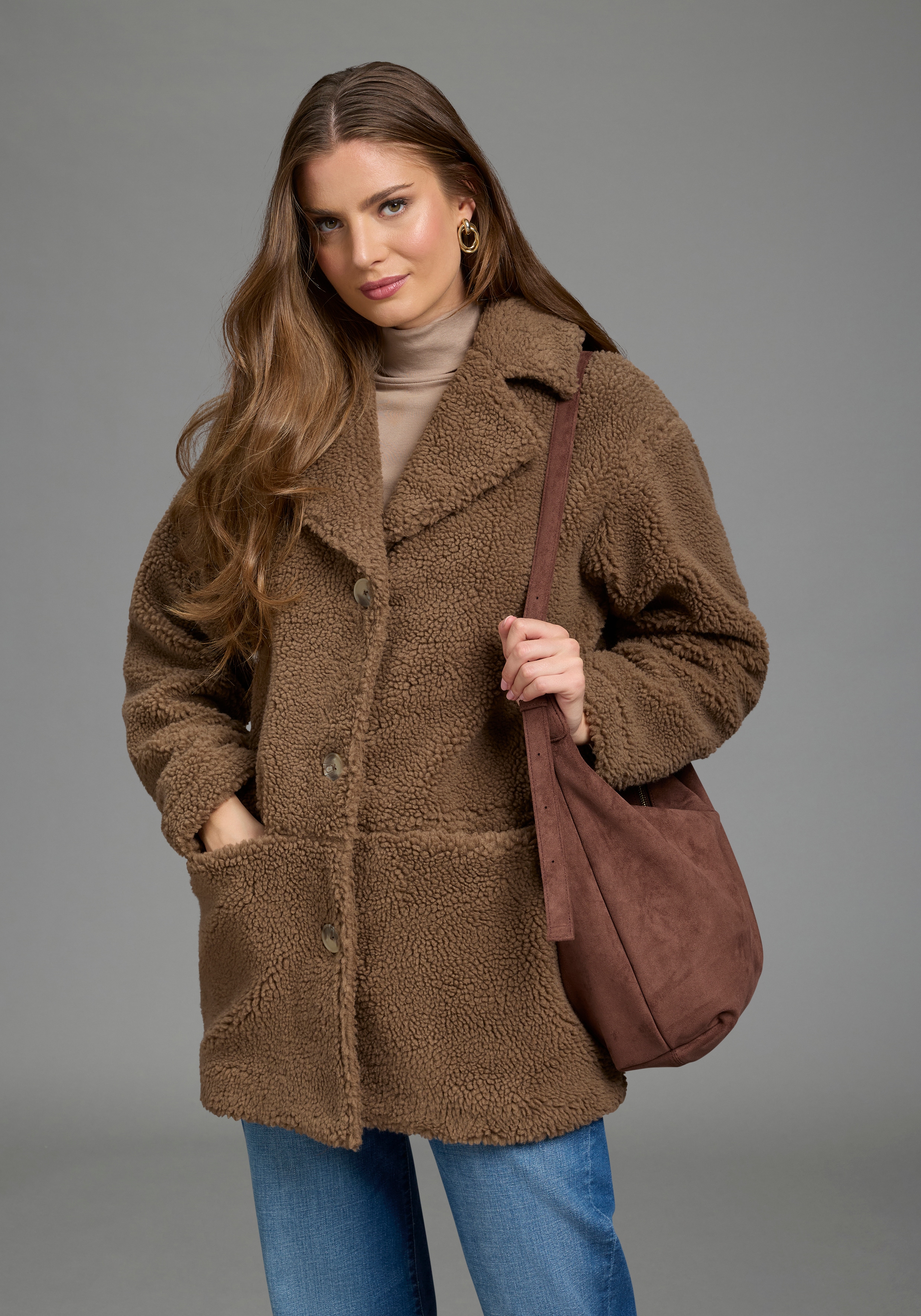 Laura Scott Kurzmantel Fellimitatmantel aus flauschigem Teddy Fleece