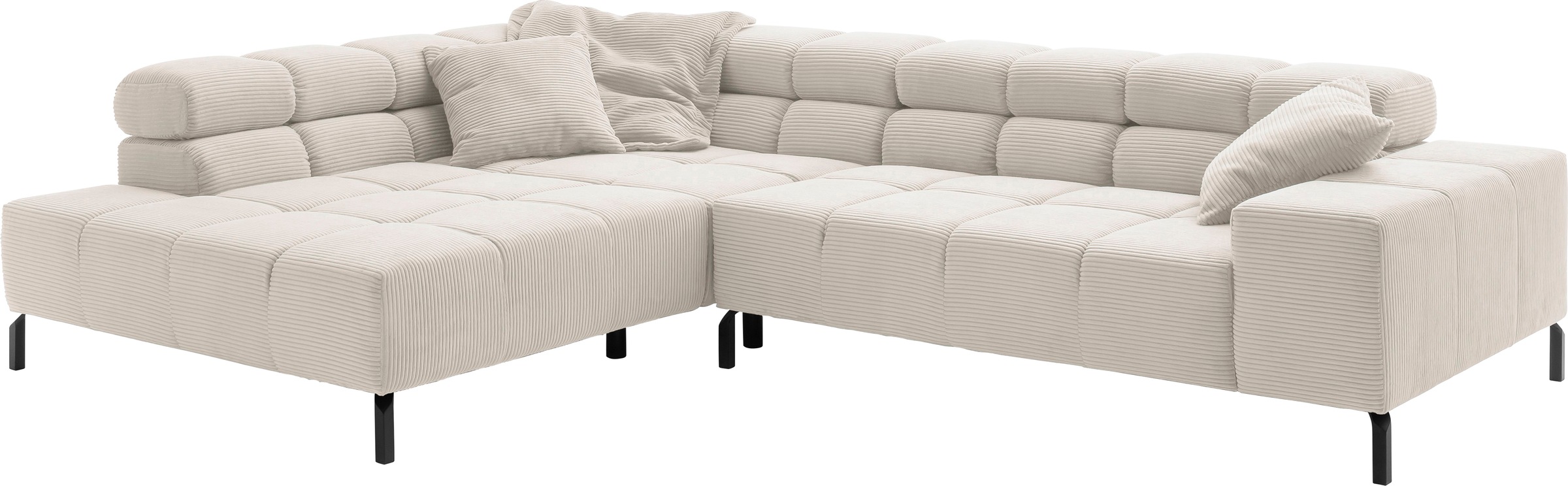 INOSIGN Ecksofa »Ancona New, wahlweise motorische Sitztiefenverstellung, auch in Cord«, feine Steppung, mit Kopfteilverstellung, 3 Zierkissen, L-Form