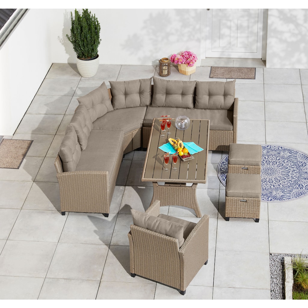 KONIFERA Gartenlounge-Set »Keros Premium«, (Set, 20 tlg., 2x 2er Sofa, 1x Ecke, 1x Sessel, 2x Hocker, 1x Tisch 145x75x67,5cm)