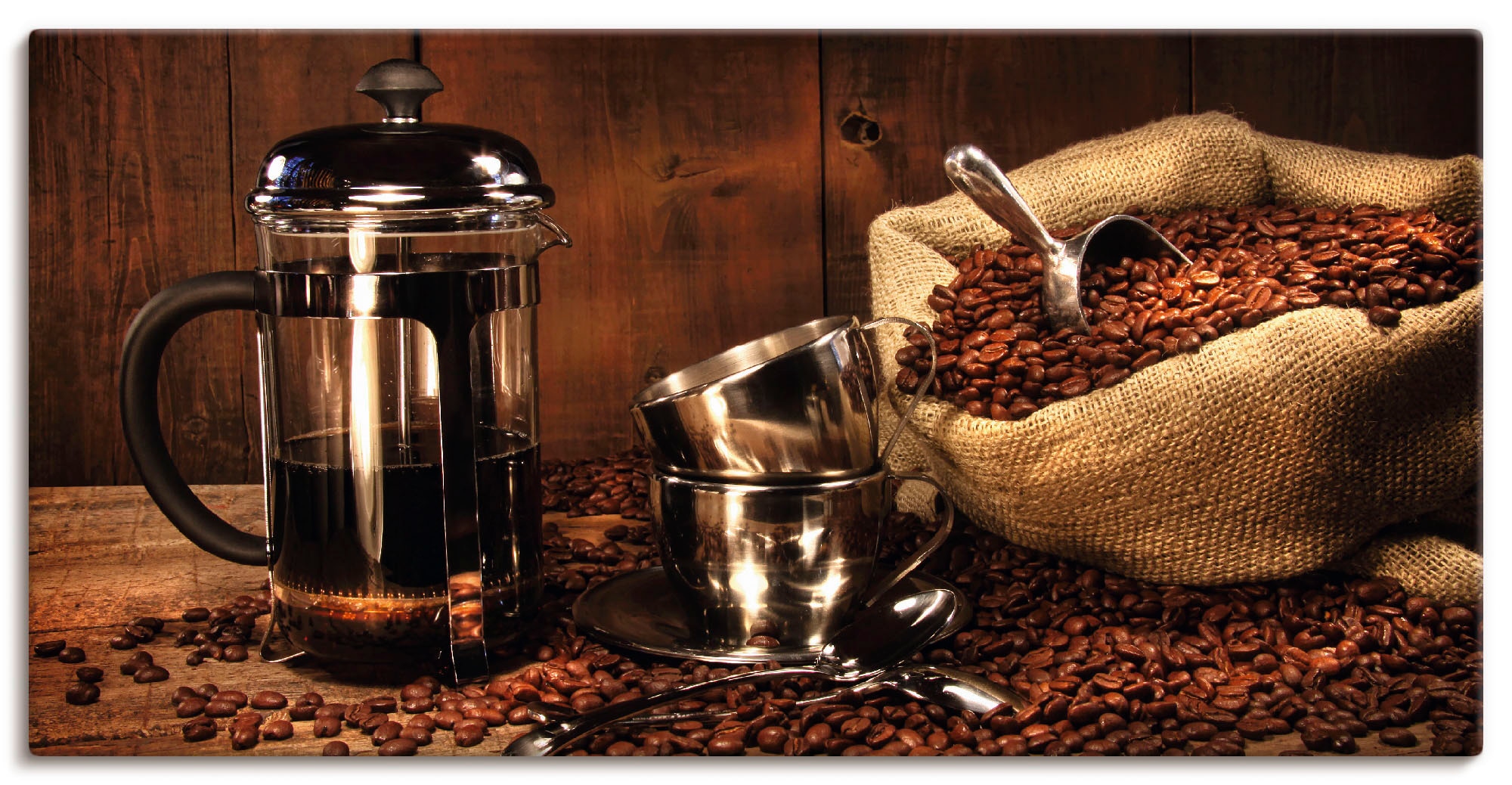 Artland Wandbild »Sack Kaffeebohnen mit Getränke, kaufen Wandaufkleber Presse«, (1 BAUR oder Poster in | Größen versch. Alubild, St.), Leinwandbild, als