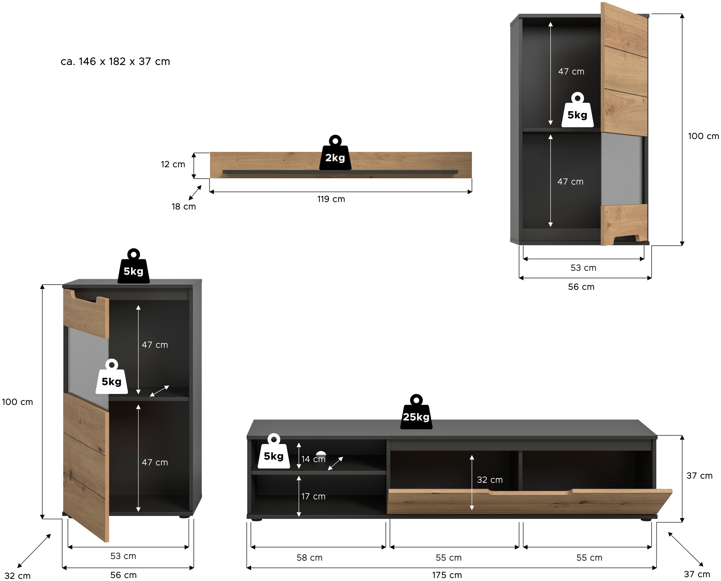 INOSIGN Wohnwand »SKEPP, 4-teilig, best. aus: 2x Vitrine, 1x Lowboad & 1x Wandboard«, Anbauwand, Set, Möbelset, TV-Wand, Wohnzimmerset, Schrankwand
