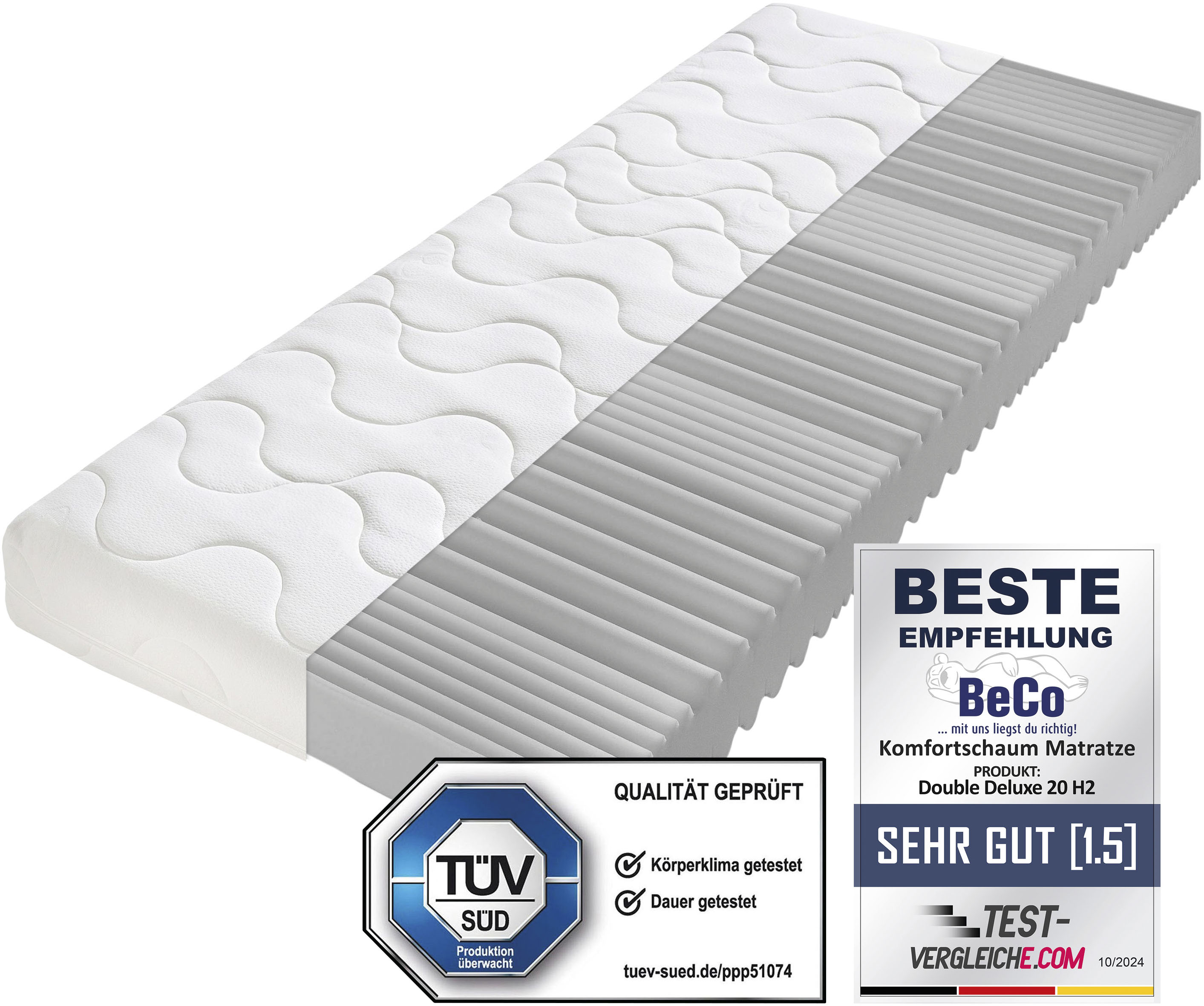 Beco "Double Deluxe Matratze 20, Matratze in 90x200 cm und weiteren Größen" 20 cm hoch Raumgewicht: 28 kg/m³ 1 Stk. tlg. Matratze vom TÜV Süd getestet*, über 2.000 5-Sterne-Bewertungen