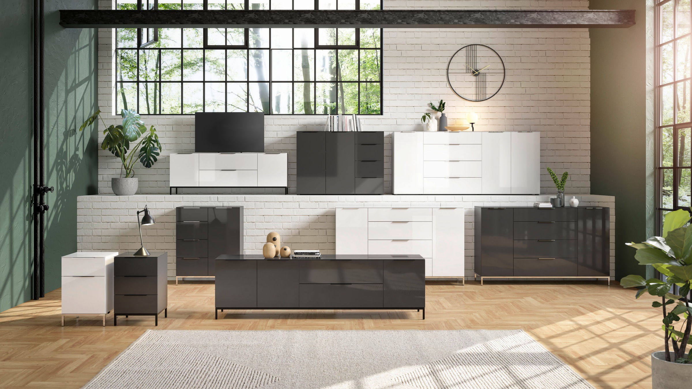 Manjana Möbel Sideboard "Style" mit Metallgriffen & Glasfront, Soft-Close, günstig online kaufen