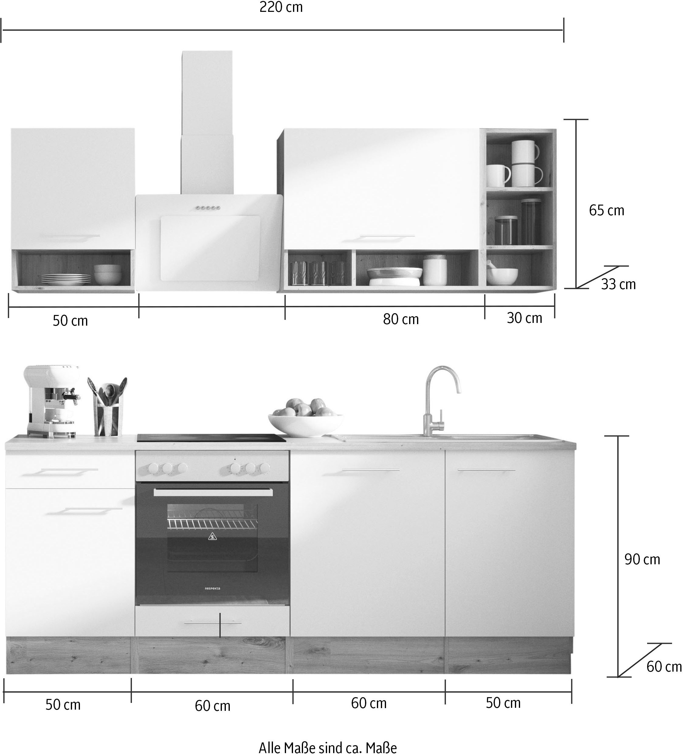 RESPEKTA Küche »Hilde«, Breite 220 cm, wechselseitig aufbaubar