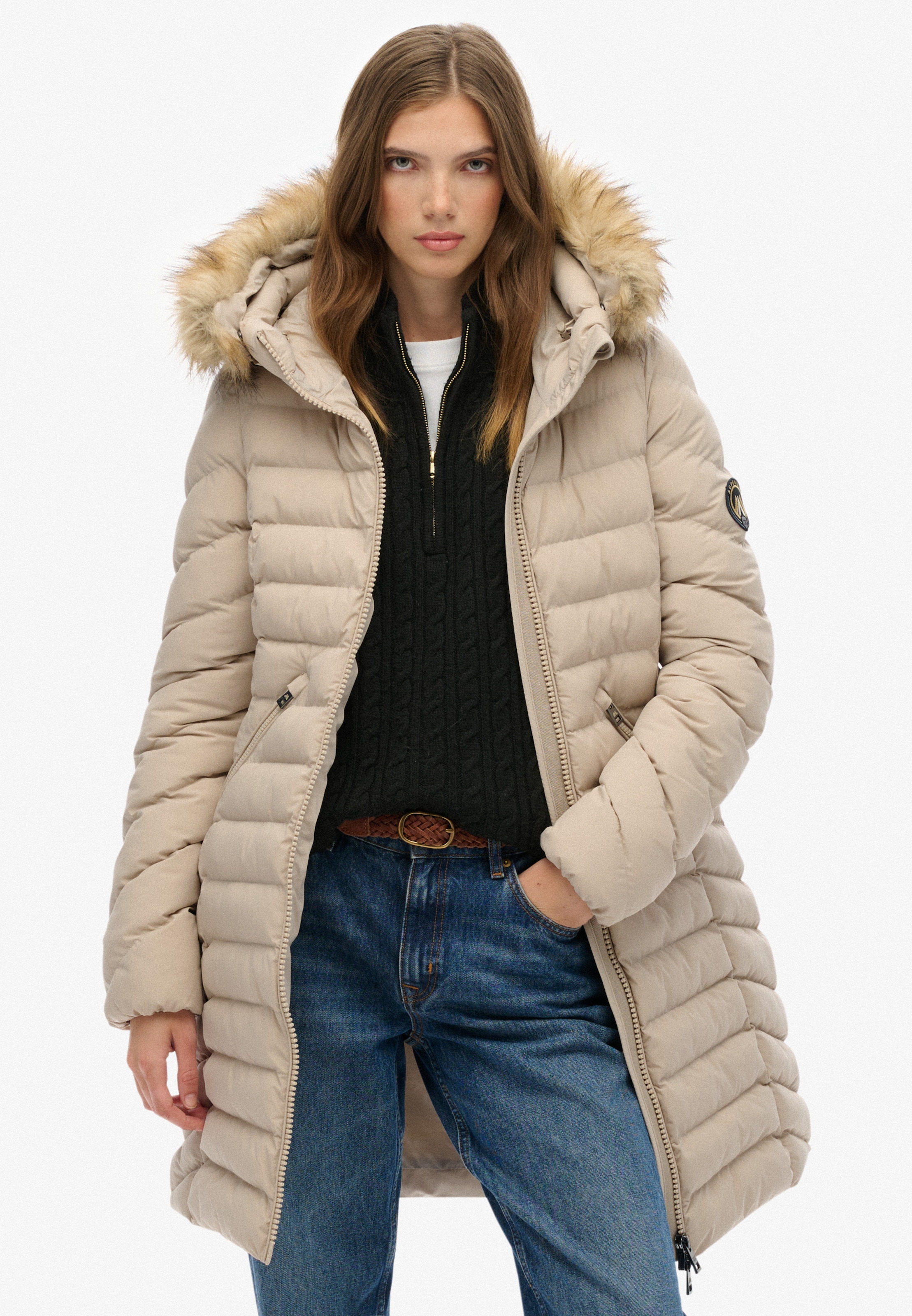 Superdry Steppjacke »FUJI FAUX FUR HOOD MID LENGTH« mit Kapuze Slim Fit, mit Reißverschluss, aus Polyester und Kunstfaser