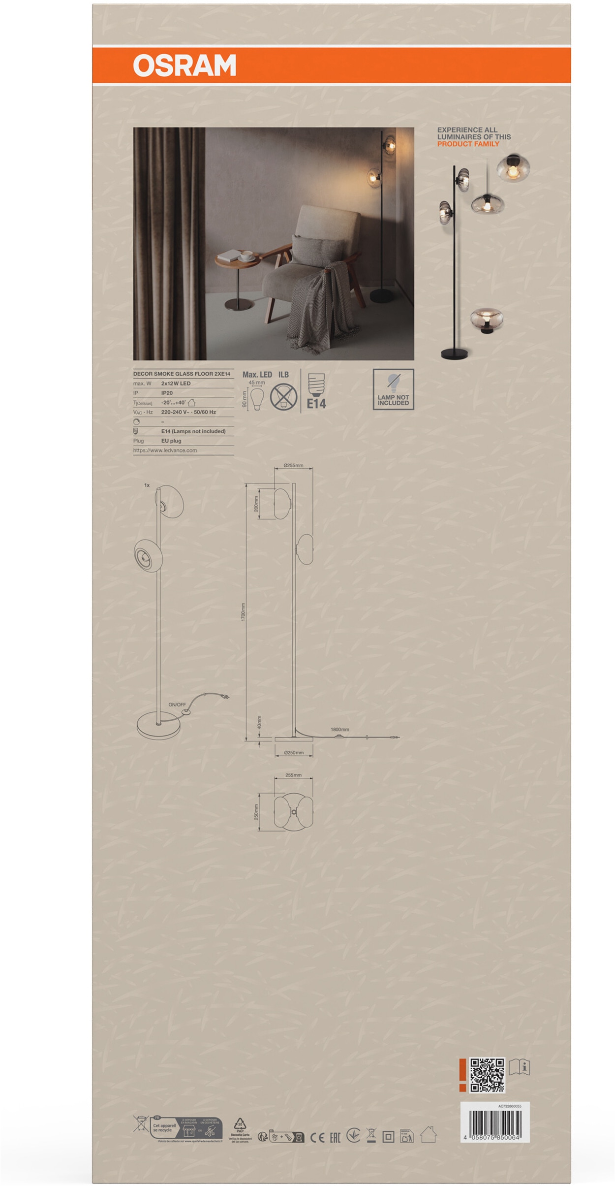 Osram Stehlampe »Decor Smoke Glass« E14 1 Stk. schwarz, E14, Stahl und Glas