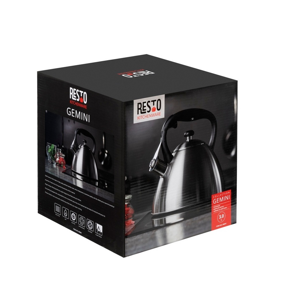 RESTO Kitchenware Wasserkessel »Gemini, Flötenkessel 3 l mit wärmespeicherndem Boden im Geschenkkarton«, Edelstahl, (1 tlg.), mit ergonomischem, wärmeableitenden Bakelit-Griff