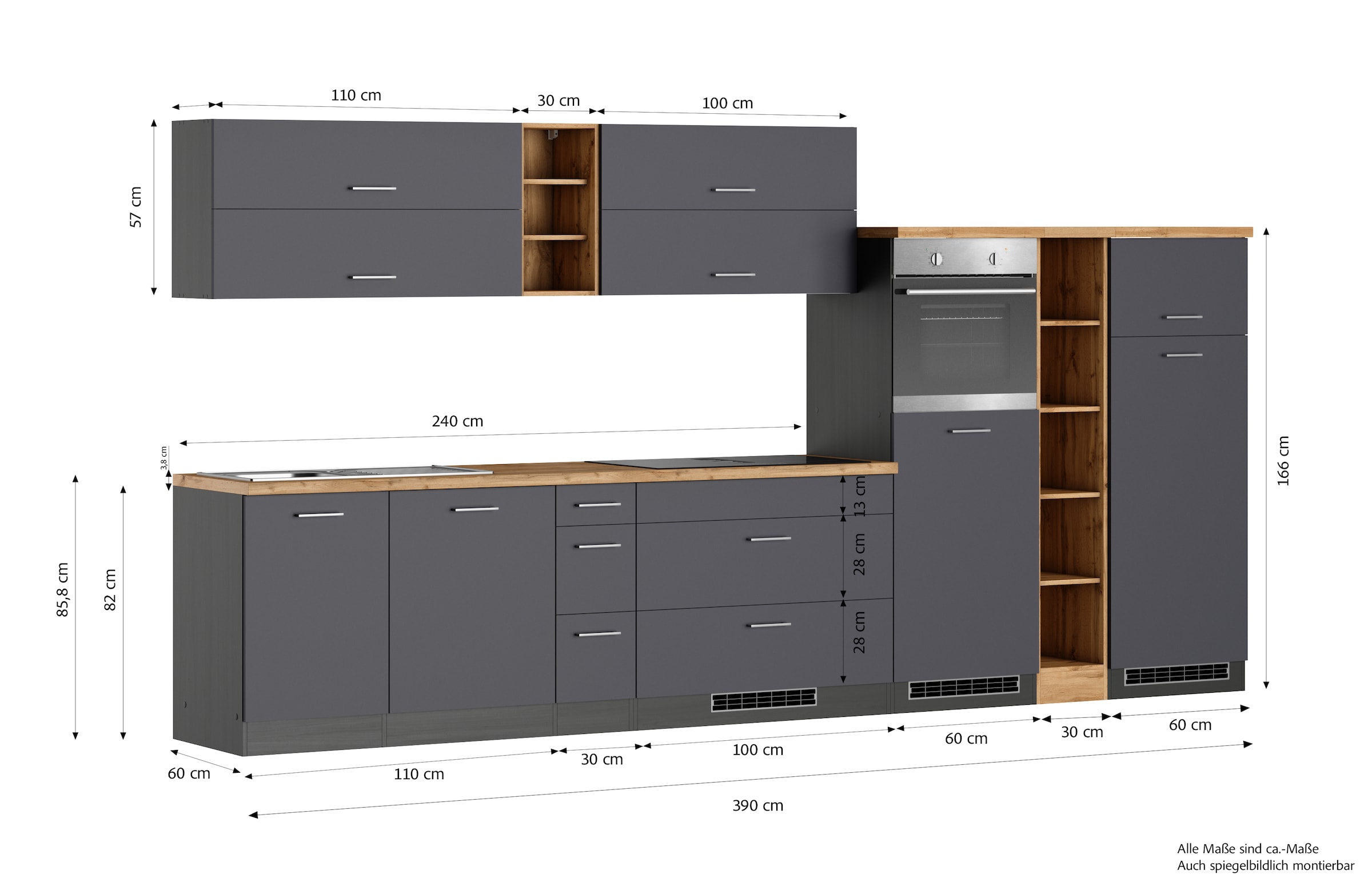 KOCHSTATION Küchenzeile »KS-Milan, optional mit Muldenlüfter« Breite 390 cm, wahlweise mit E-Geräten, Kochfeld mit Dunstabzug