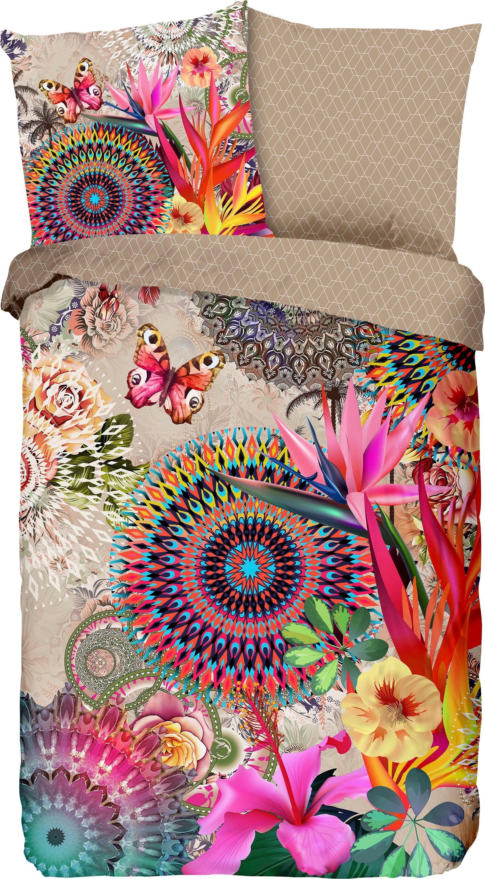hip Wendebettwäsche »Maelli in Gr. 135x200 oder 155x220 cm«, Mako-Satin, 155x220, Reißverschluss, Wendeoptik, Mandala, Blumen, Sand