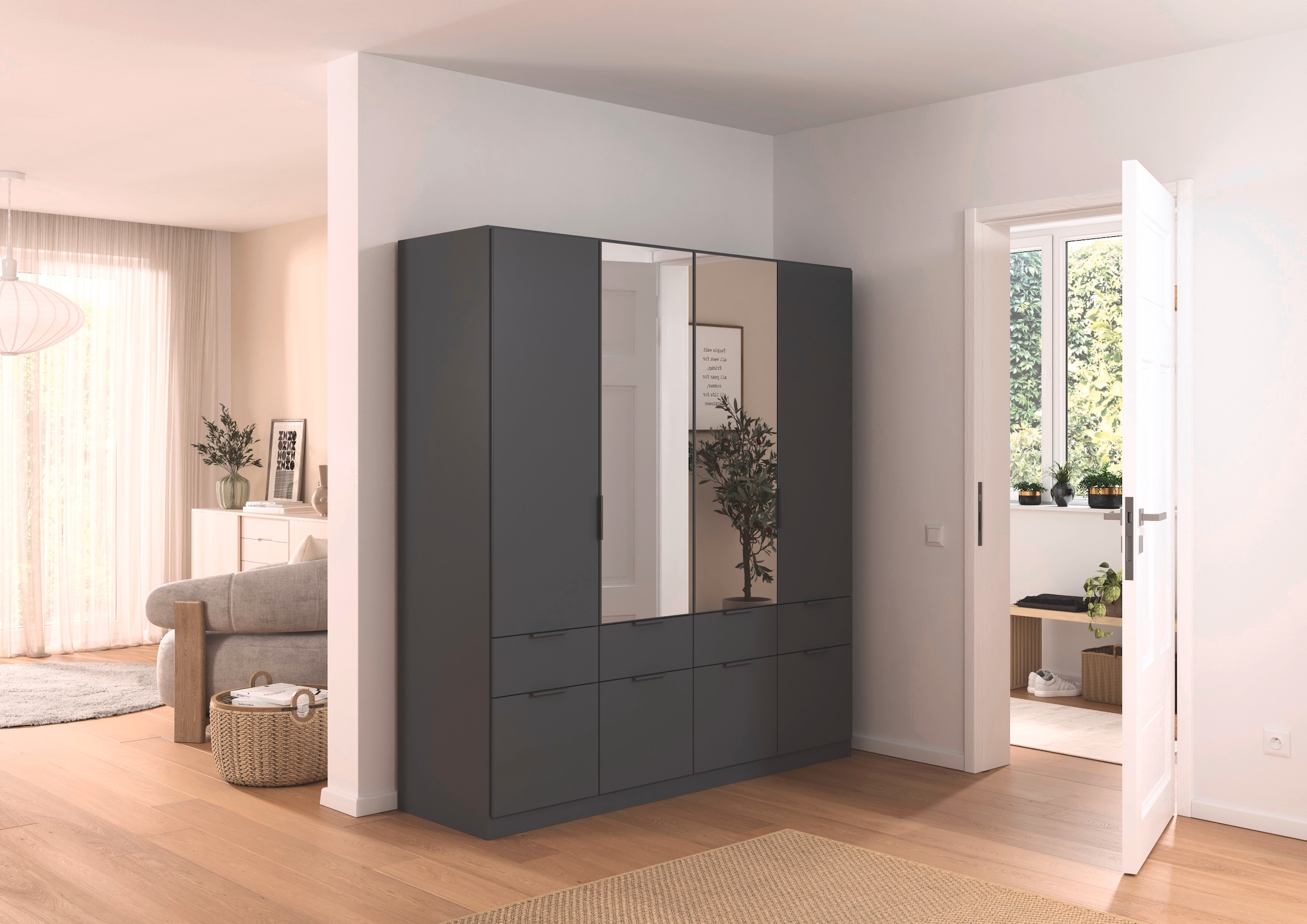 rauch Kleiderschrank »Kleiderschrank Schrank Garderobe Wäscheschrank DUNDEE«, (mit 3 Griff-Varianten), Schubladen in zwei Höhen, optional mit Spiegel MADE IN GERMANY
