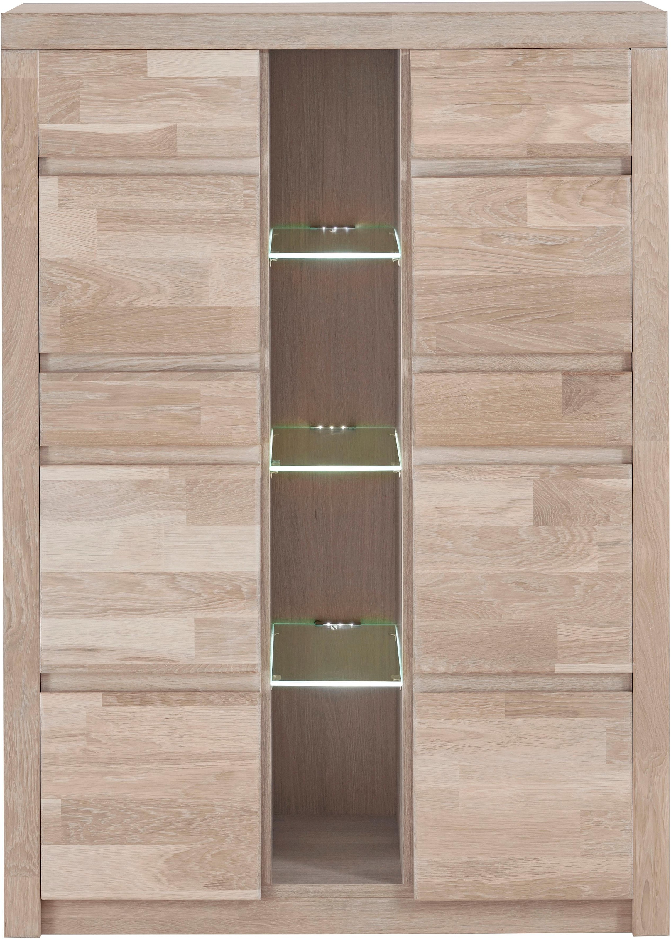 OTTO home Highboard "Silkeborg Fronten & Leisten aus Massivholz, Kospus aus Melamin" B/T/H: 90/35/125cm, 6 Melamin & 3 Glas einlegeboden die variabel sind.