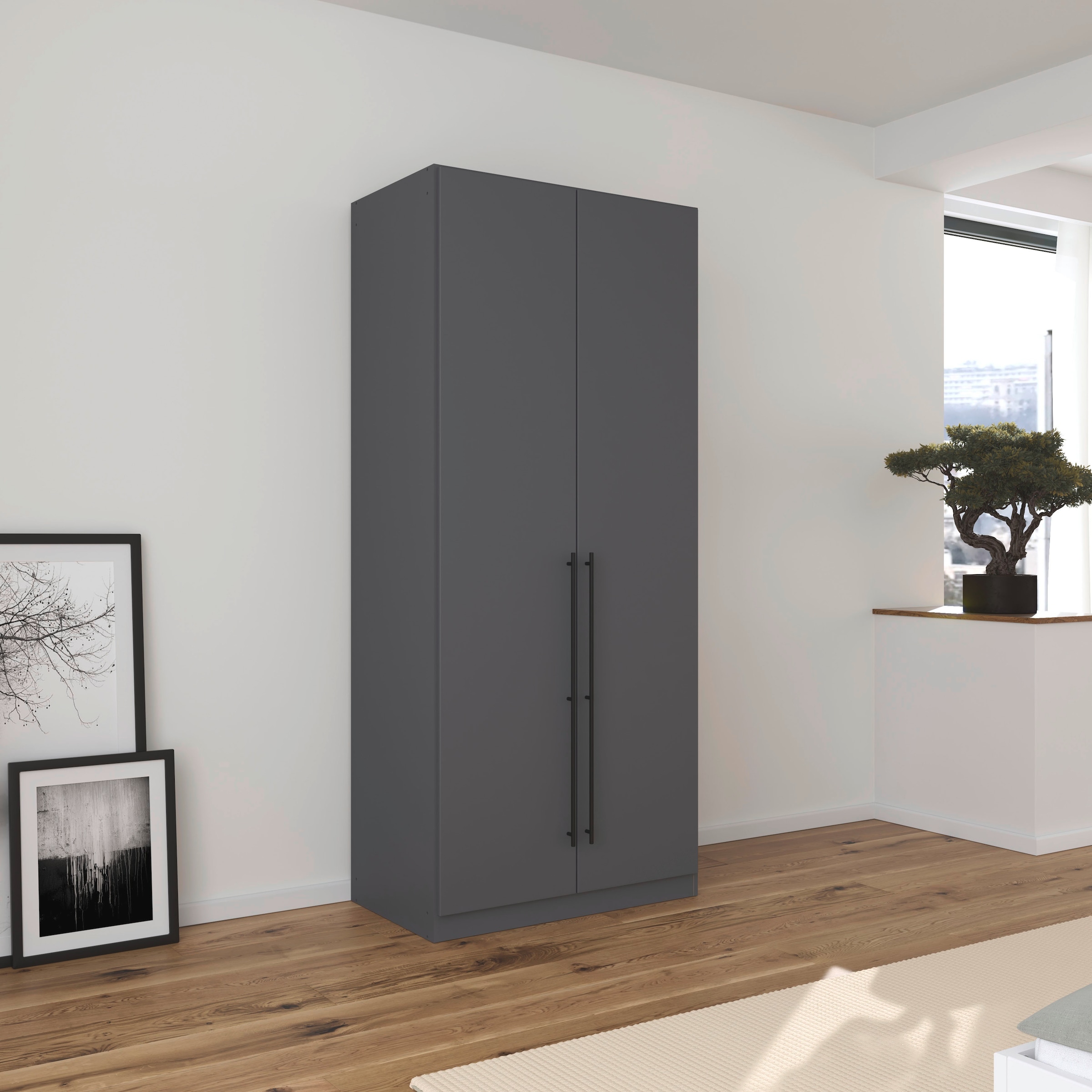 rauch Kleiderschrank, (in 3 verschiedenen Ausstattungen BASIC/CLASSIC/PREMIUM), mit hochwertigen Stangengriffen in Schwarz aus Metall MADE IN GERMANY