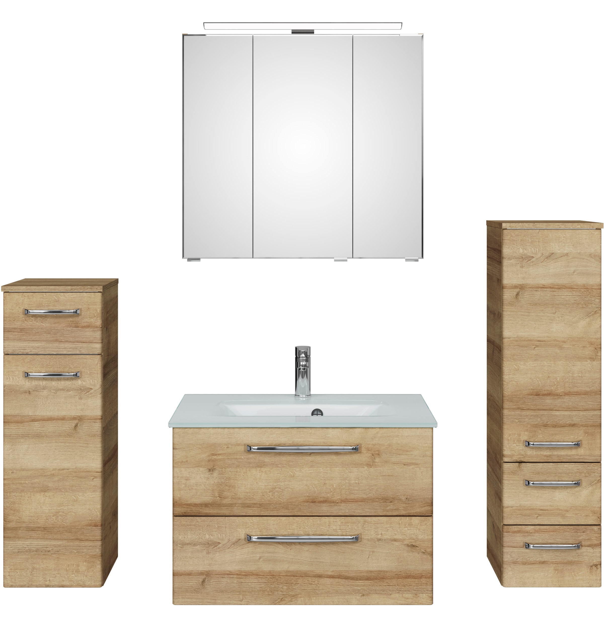 Saphir Badmöbel-Set »Badmöbel-Set Trentino 4-teilig Glas-Waschtisch mit LED-Spiegelschrank«, (5 St.), Badezimmer-Set mit Midischrank und Unterschrank inkl. Türdämpfer