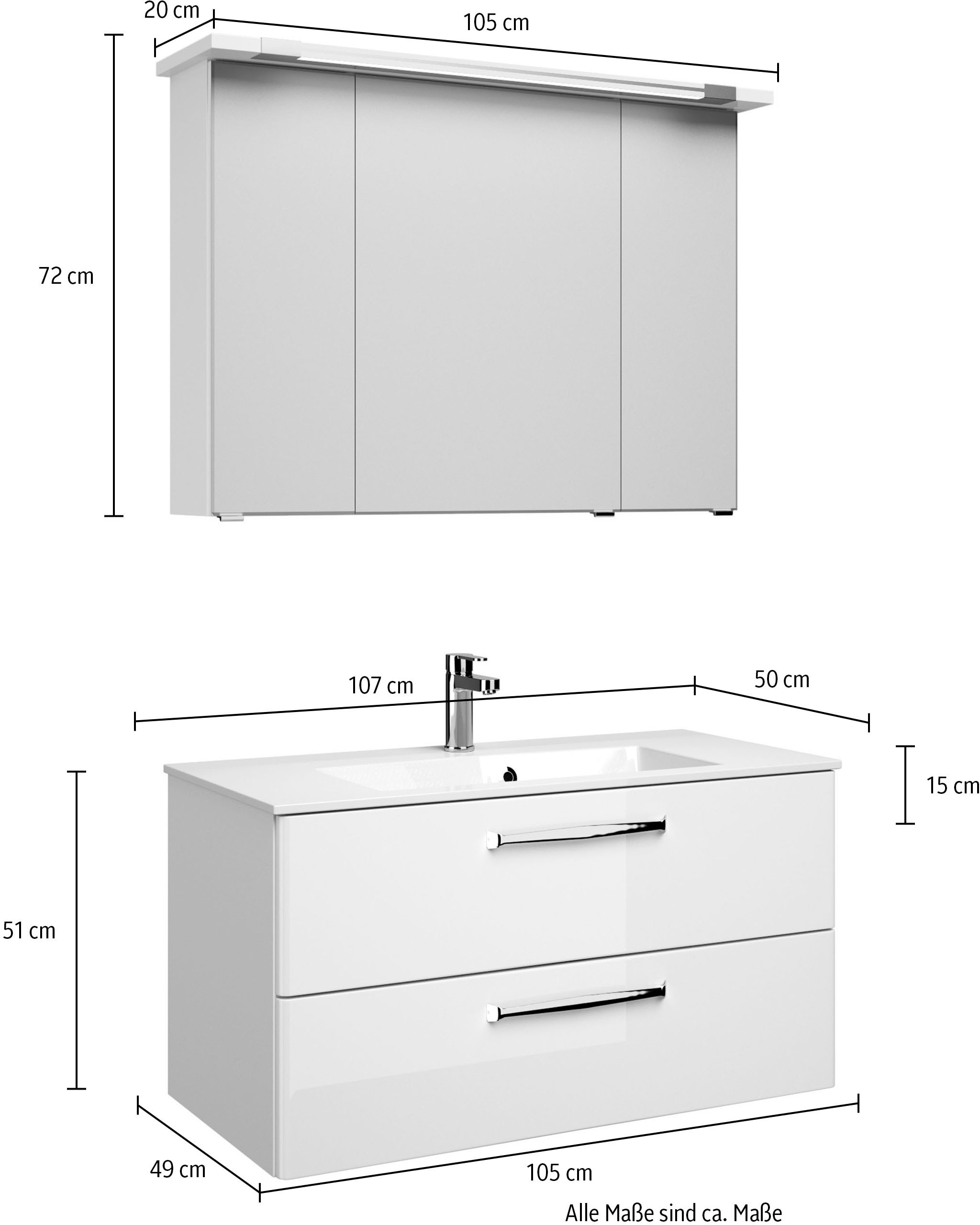 Saphir Badmöbel-Set »Trentino 2-tlg Mineralmarmor-Waschtisch, Spiegelschrank mit LED-Profil«, (3 St.), Badmöbel-Set 107cm breit, inkl. Türdämpfer, 3 Türen, 2 Auszügen