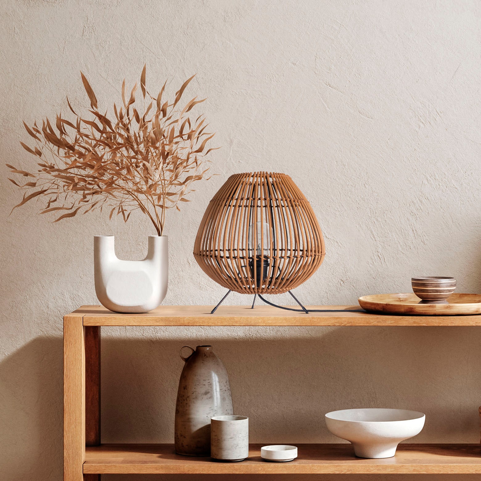 Rattan »PIRU«, Home Natur BAUR Tischleuchte Dreibein Paco Style Boho | E27 Nacht