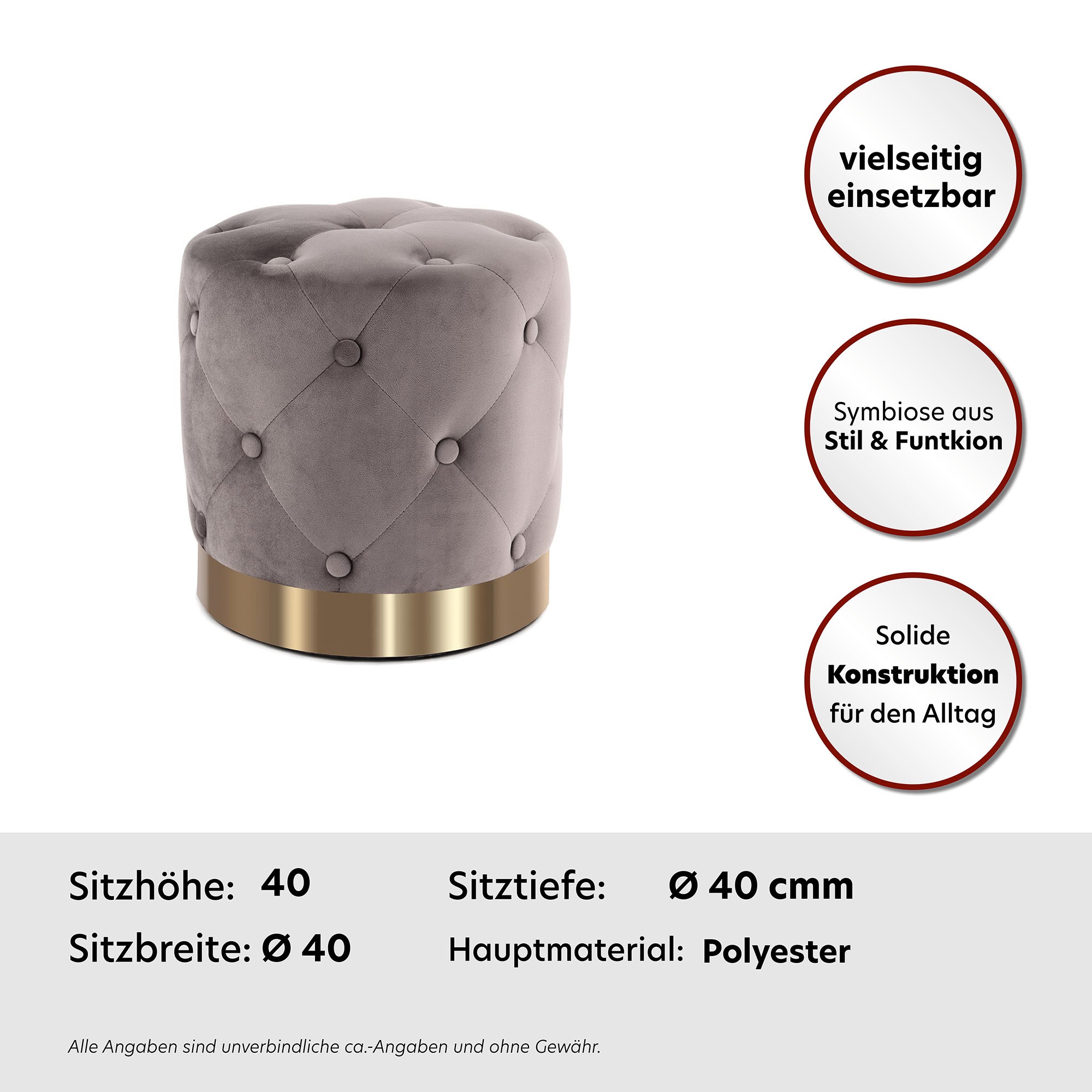 Kayoom Sitzhocker »Hocker Piano 225, in dekorativem Design, mit weichem Velvet-Bezug«, (1 St.), rund, glamourös, hochwertig, gesteppt, mit eingelassenen Dekoknöpfen