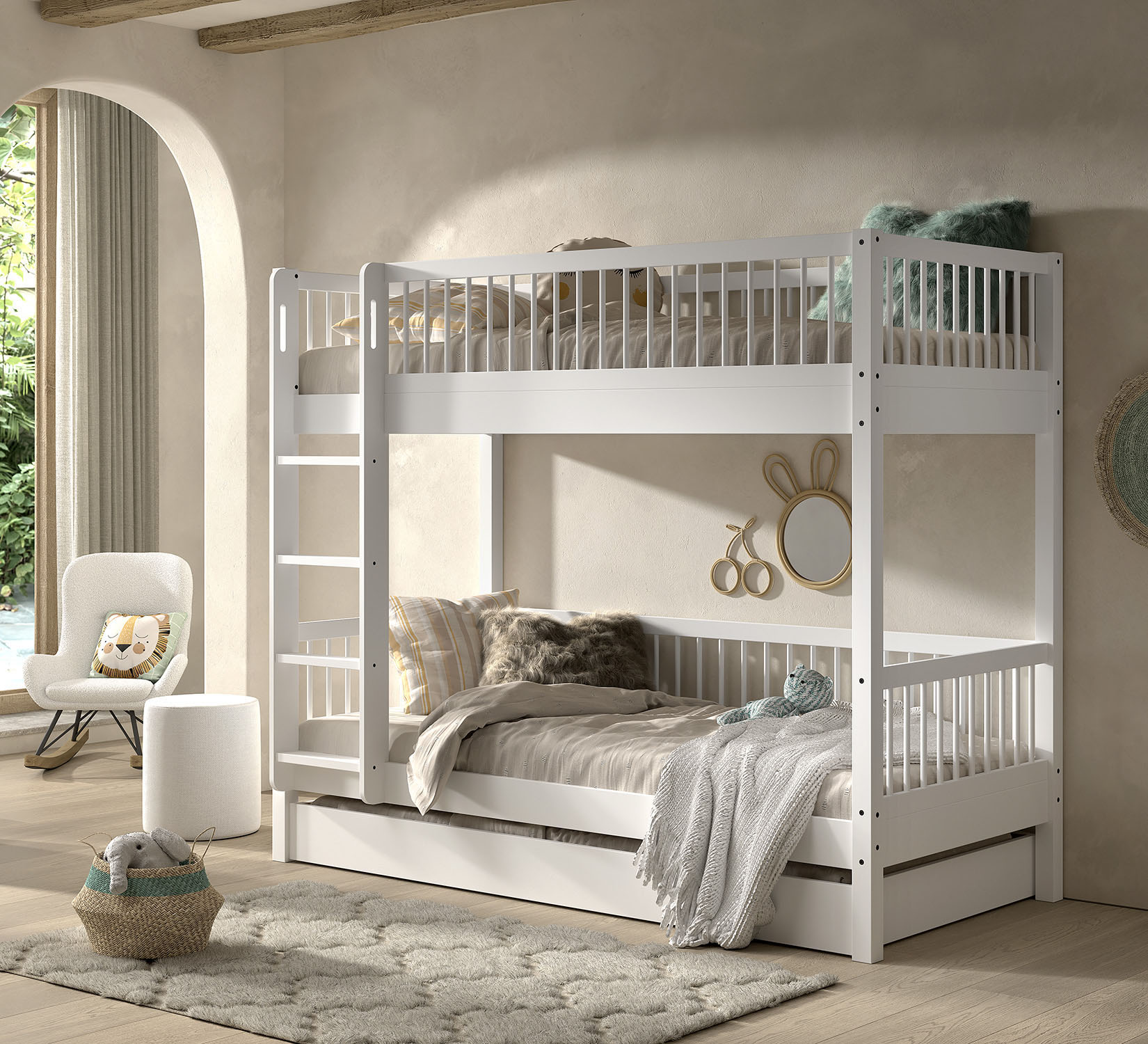 Vipack Etagenbett "Buche massiv weiß, Made in Europe, langlebige Qualität" B/H/T ca. 208x176x98cm, inkl. Leiter, Absturzschutz oben umlaufend, 2 Lattenroste, wahlweise mit oder ohne Bettschublade