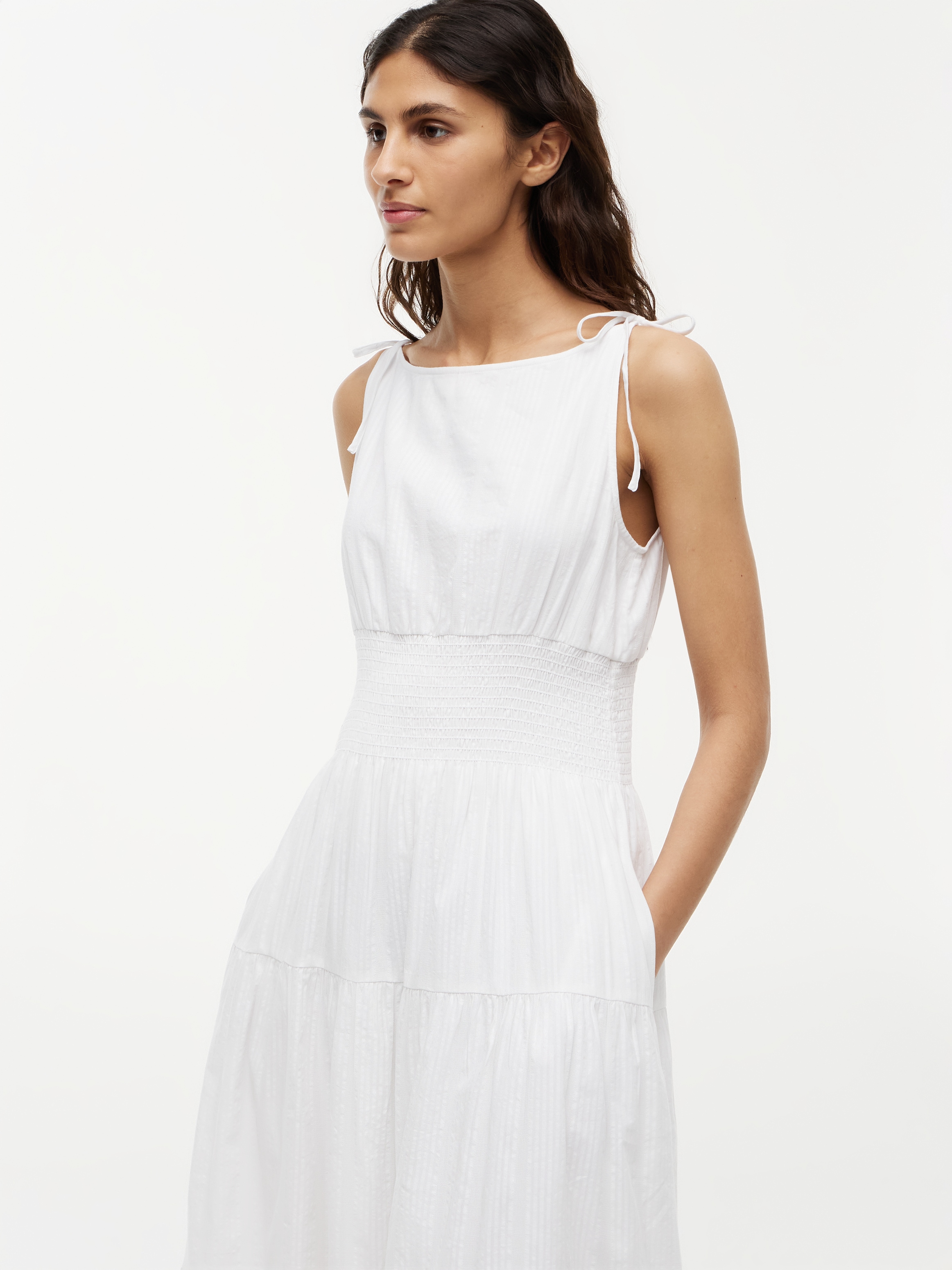 Tommy Hilfiger Trägerkleid »SMOCK TIE NS MIDI DRESS« Ohne Tasche Baumwollmischung, Smok-Einsatz