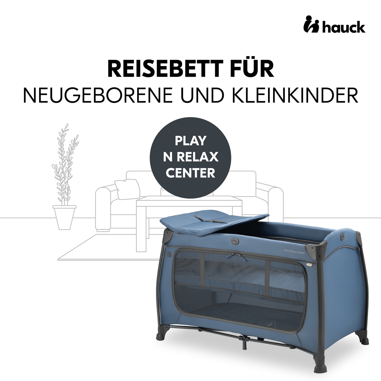 Hauck Baby-Reisebett »Play N Relax Center, dark blue«, inkl. Neugeboreneneinhang, Wickelmulde, Ausstieg, Räder