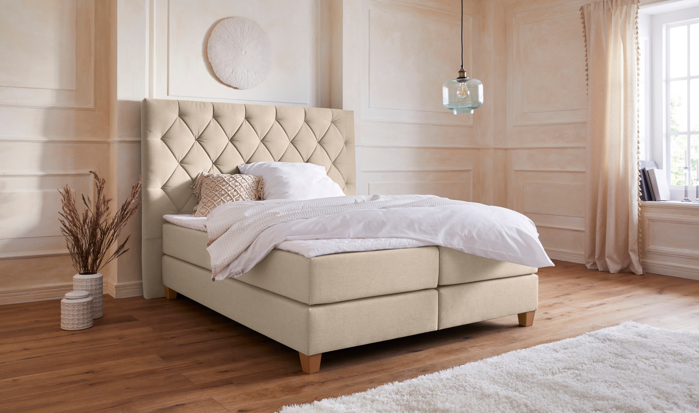 Boxspringbett HOME AFFAIRE "Harmones hoch", beige, B:183cm L:210cm, Struktur (100% Polyester), Komplettbetten, Boxspringbett, in 3 Breiten, Härtegrad auch im Mix mit je 1 Matratze in H2 und H3