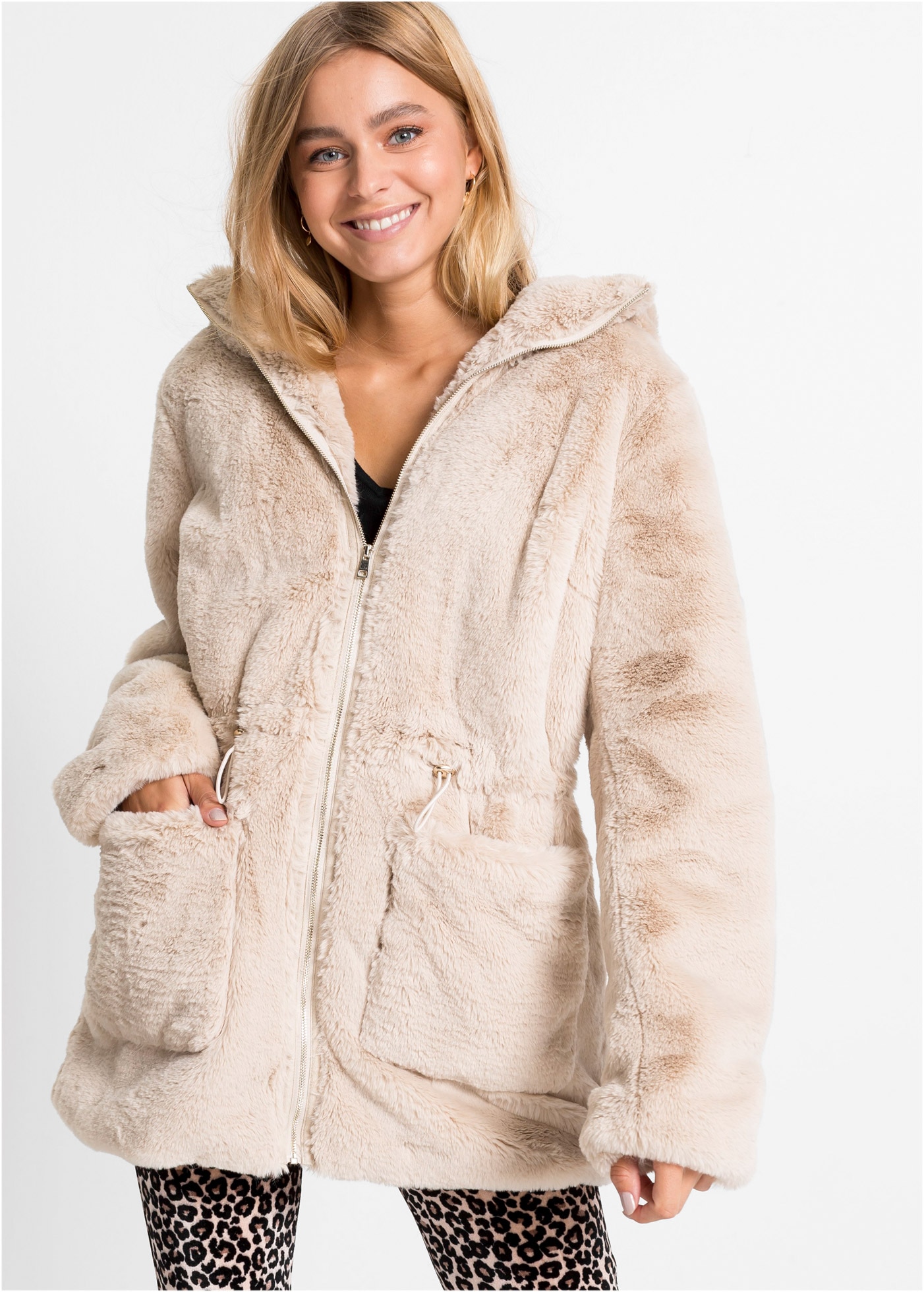bonprix Fellimitatjacke mit Kapuze mit Kapuze aus Teddyfell, lockere Passfo günstig online kaufen