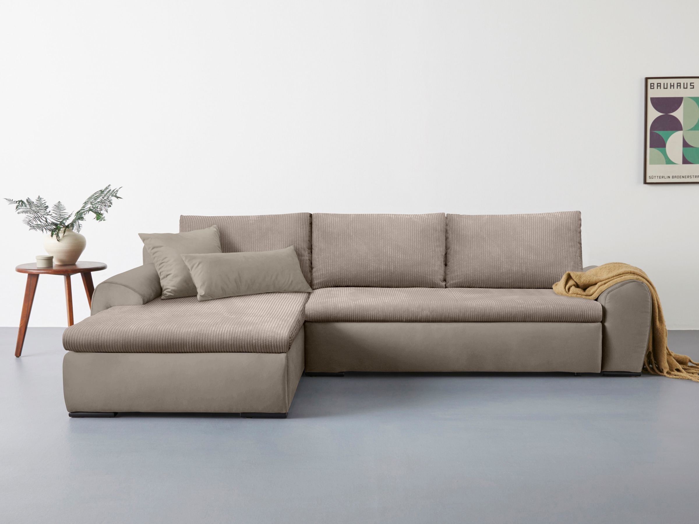 Home affaire Ecksofa »Win, L-Form, Breite 285cm«, optional mit Schlaffunktion und Bettkasten, taupe, Cord