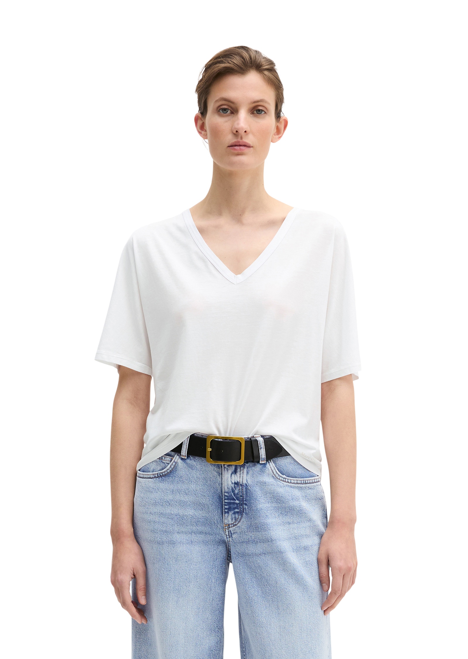 T-Shirt MARC O'POLO "mit angeschnittenen Ärmeln", Damen, Gr. XXL, weiß, Obermaterial: 67% Lyocell, 33% Baumwolle, unifarben, Basic, loose fit, V-Ausschnitt, Shirts T-Shirt