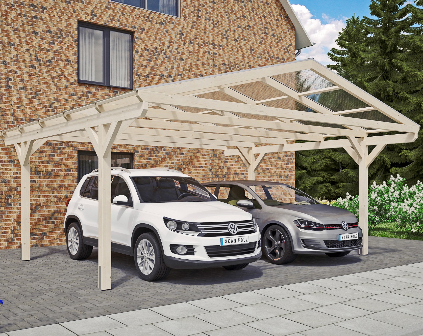 Skanholz Doppelcarport "Westerwald", Leimholz-Nordisches Fichtenholz, 534 cm, natur