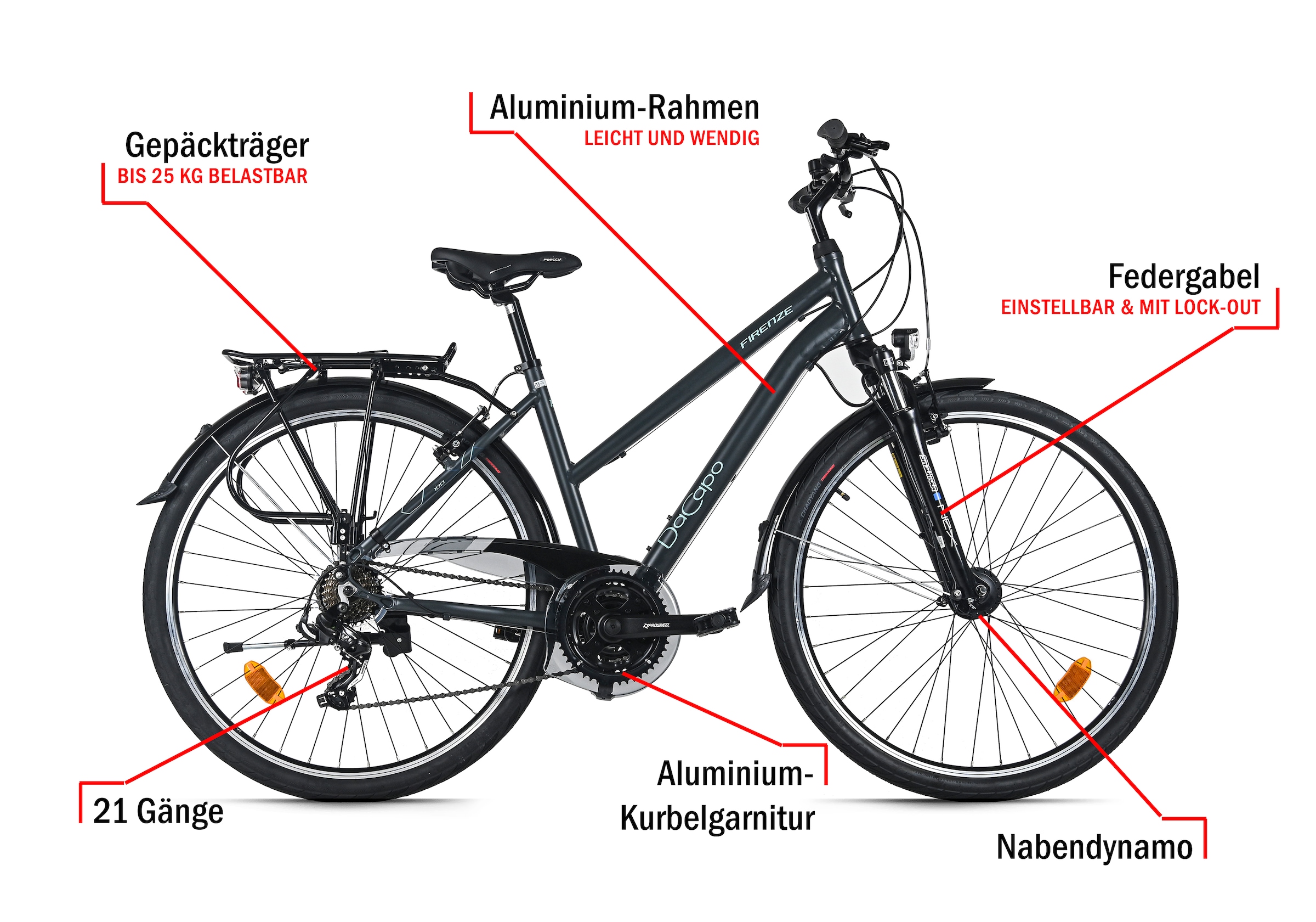 Dacapo Trekkingrad »Firenze 100 Anthrazit 21 Gänge RH 48 cm V-Brakes« 21 Gang Shimano Tourney Schaltwerk Kettenschaltung