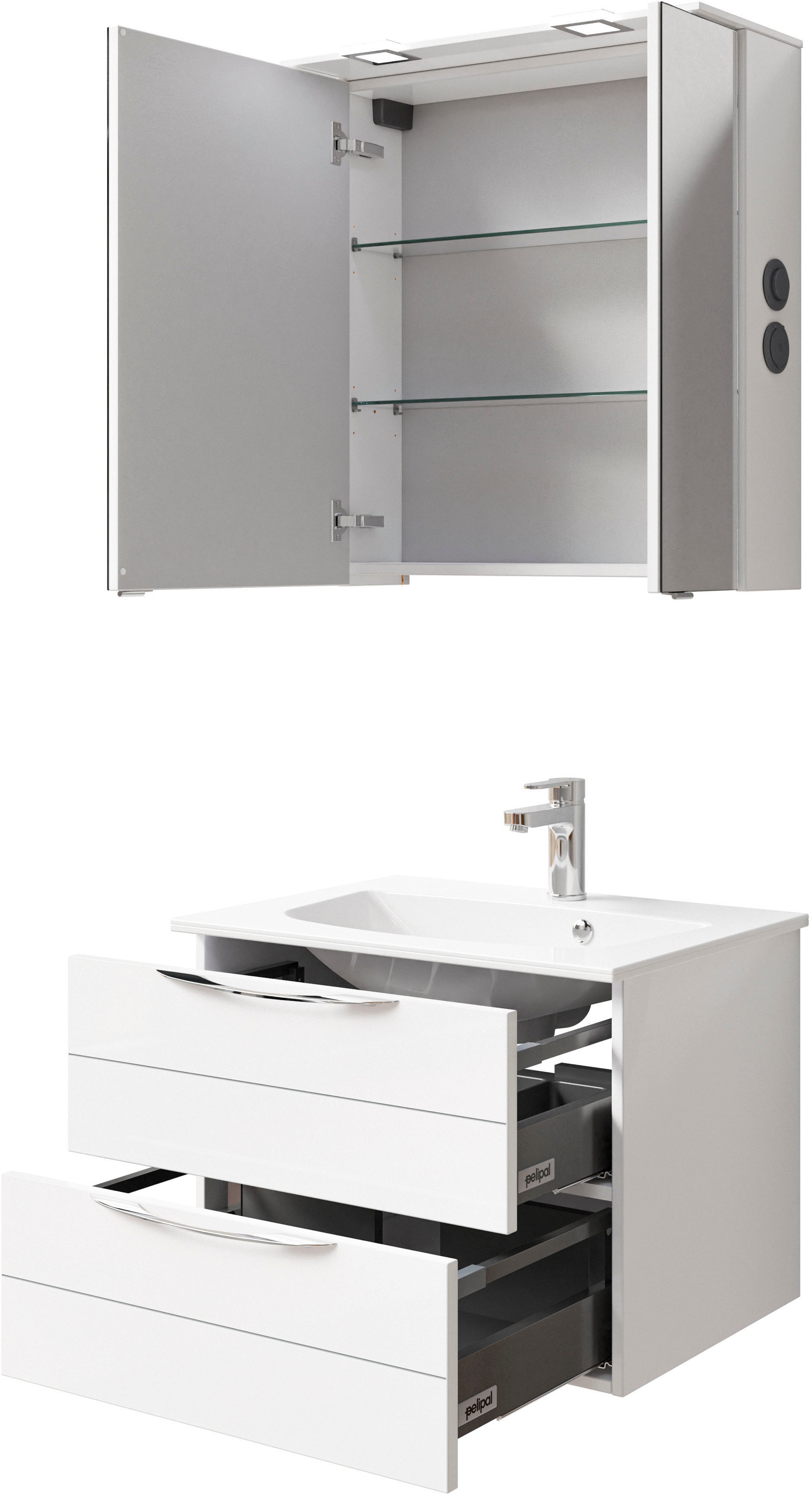 Saphir Badmöbel-Set »Serie 6025 2-teilig Mineralmarmor-Waschtisch mit LED-Spiegelschrank«, (2 St.), Waschplatz 67 cm breit, 2 Schubladen, 2 Spiegel-Türen, inkl Türdämpfer