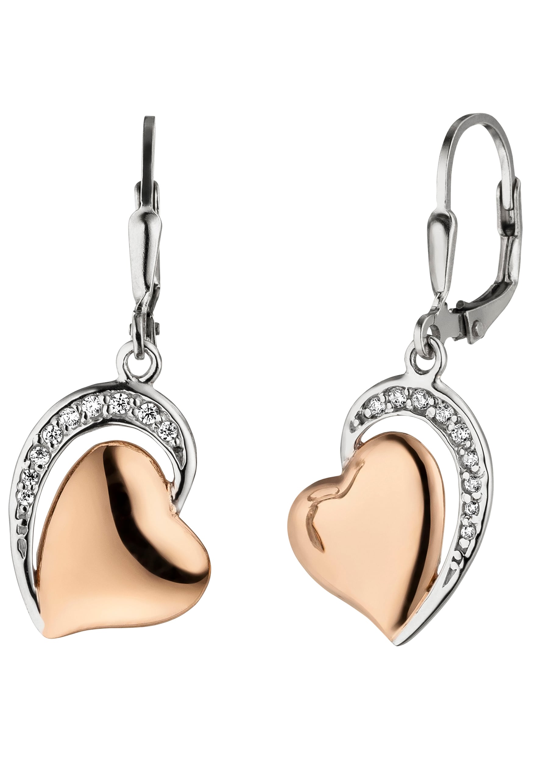 Paar Zirkonia mit 925 BAUR Ohrhänger | »Herz«, bicolor JOBO Silber online kaufen vergoldet