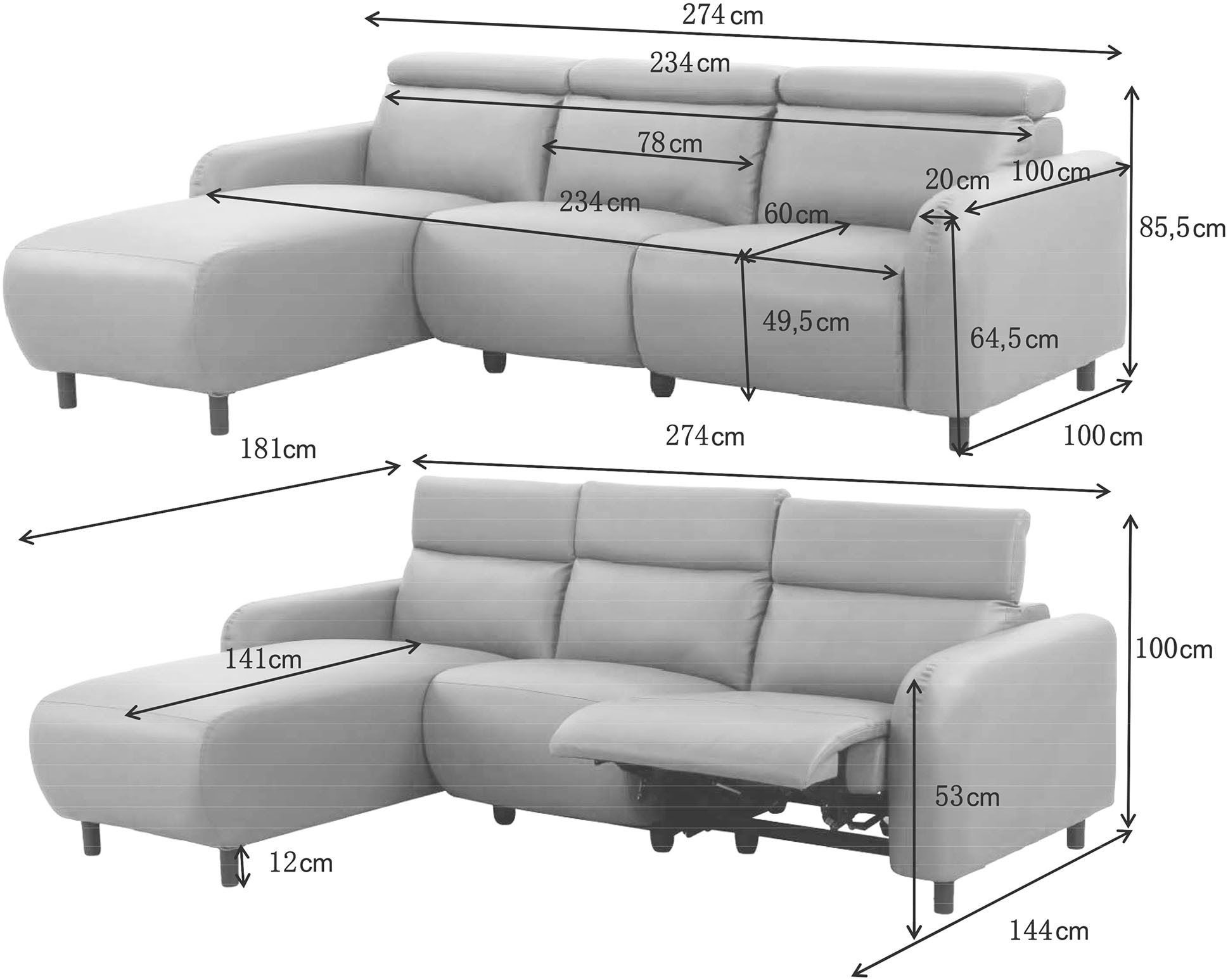 OTTO home Ecksofa »SKAANE Struktur, L-Form, 274 cm, manuelle/elektrische Relaxfunktion,« 274 cm, mit Kopfteilverstellung und man. oder elektr. Relaxfunktion