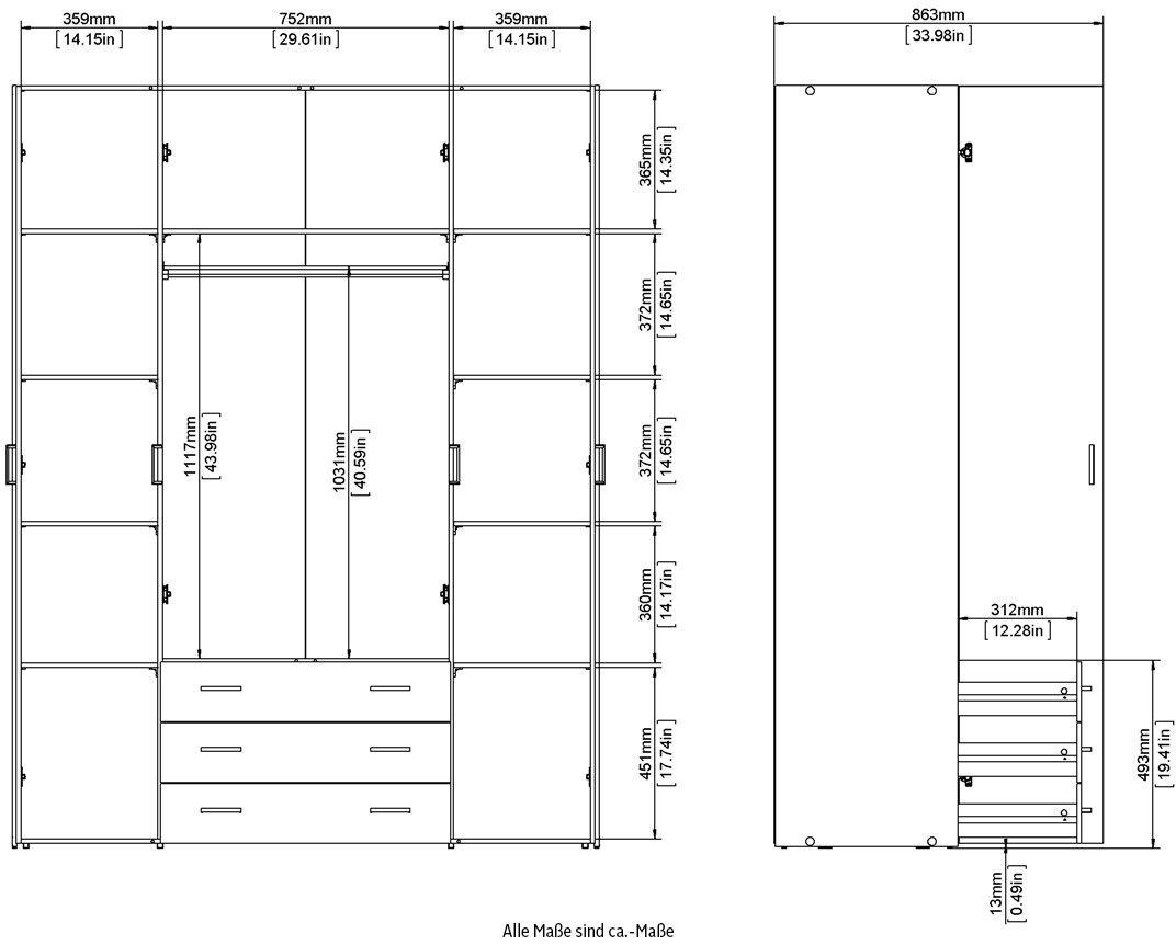 Home affaire Kleiderschrank, Mit viel Stauraum, graue Stangengriffe, Gr. ca. 200,4 x 154 x 49,5 cm