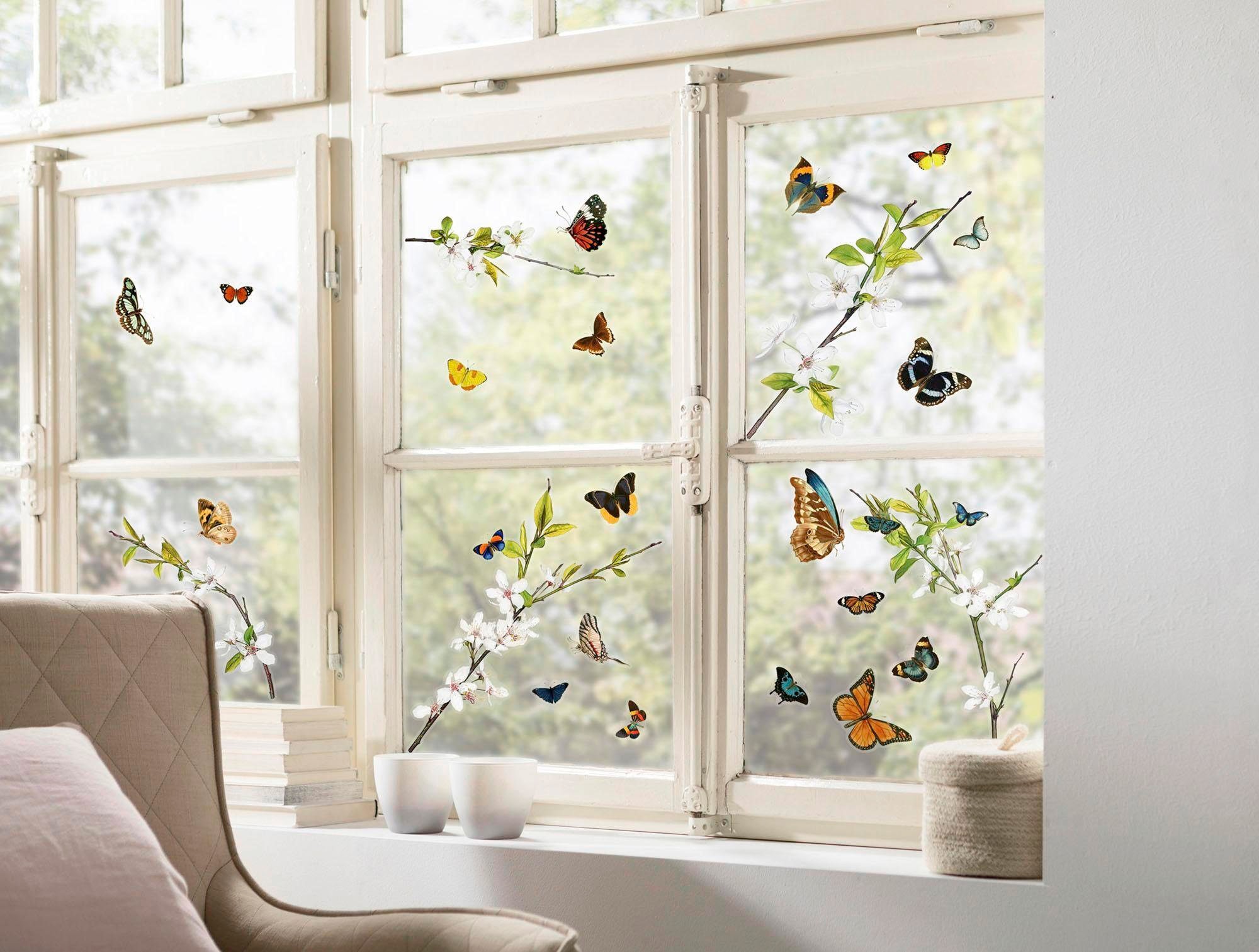 Komar Fensterbild "Cheerful Schmetterlinge 27 Motive, Design Frühling Sommer" Sticker für Fenster oder Spiegel, selbsthaftend und wiederverwendbar