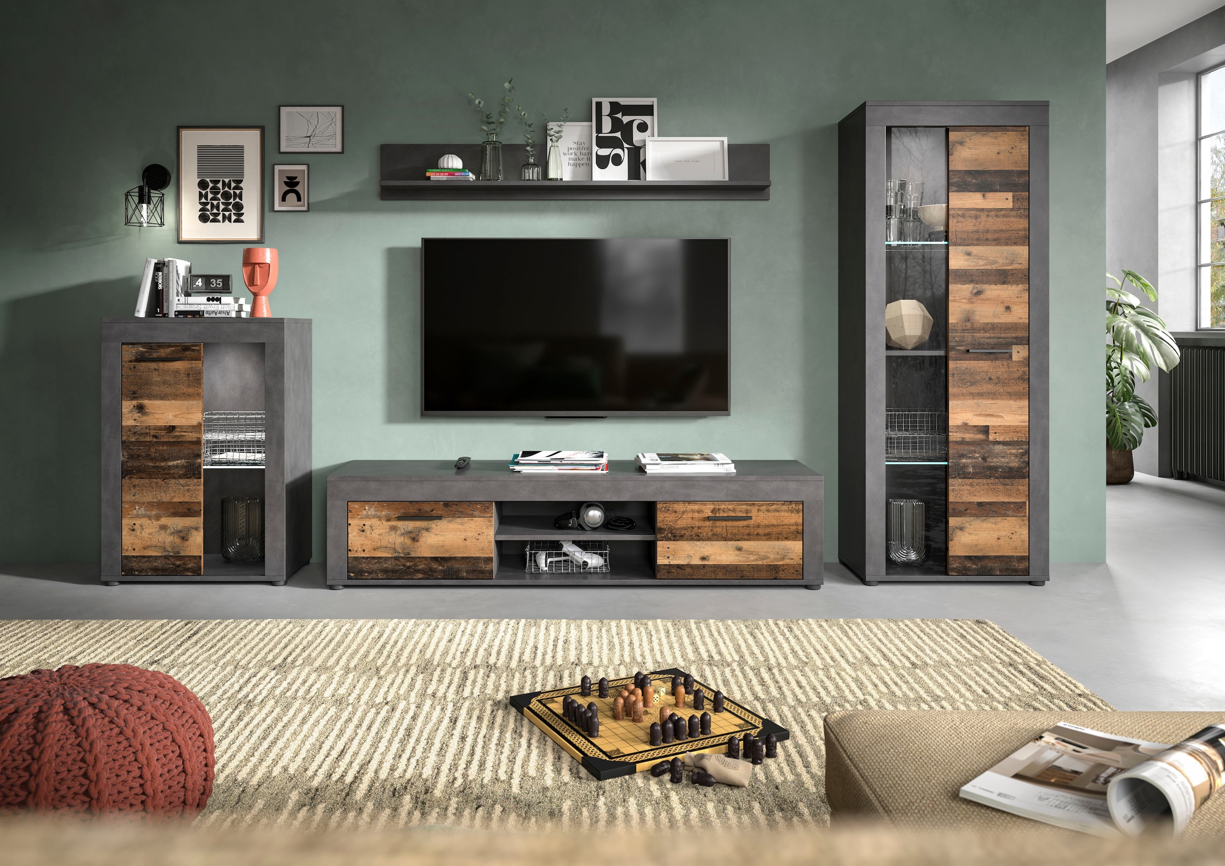 INOSIGN Wohnwand »Aosta, 4-tlg., best. aus: Vitrine, Lowboard, Wandboard & Vitrine hoch«, (4 St.), Wohnwand, Kombination, Anbauwand, Möbel Set, Schrankwand, Möbel Kombi