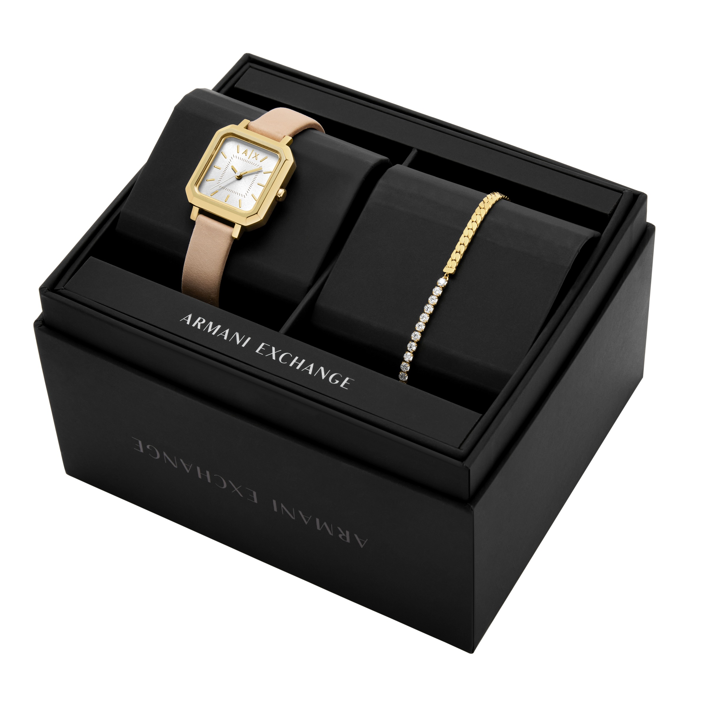 ARMANI EXCHANGE Quarzuhr, (Set, 2 tlg., mit Armband), Armbanduhr, Damenuhr, Lederarmband, Ideal auch als Geschenk, analog