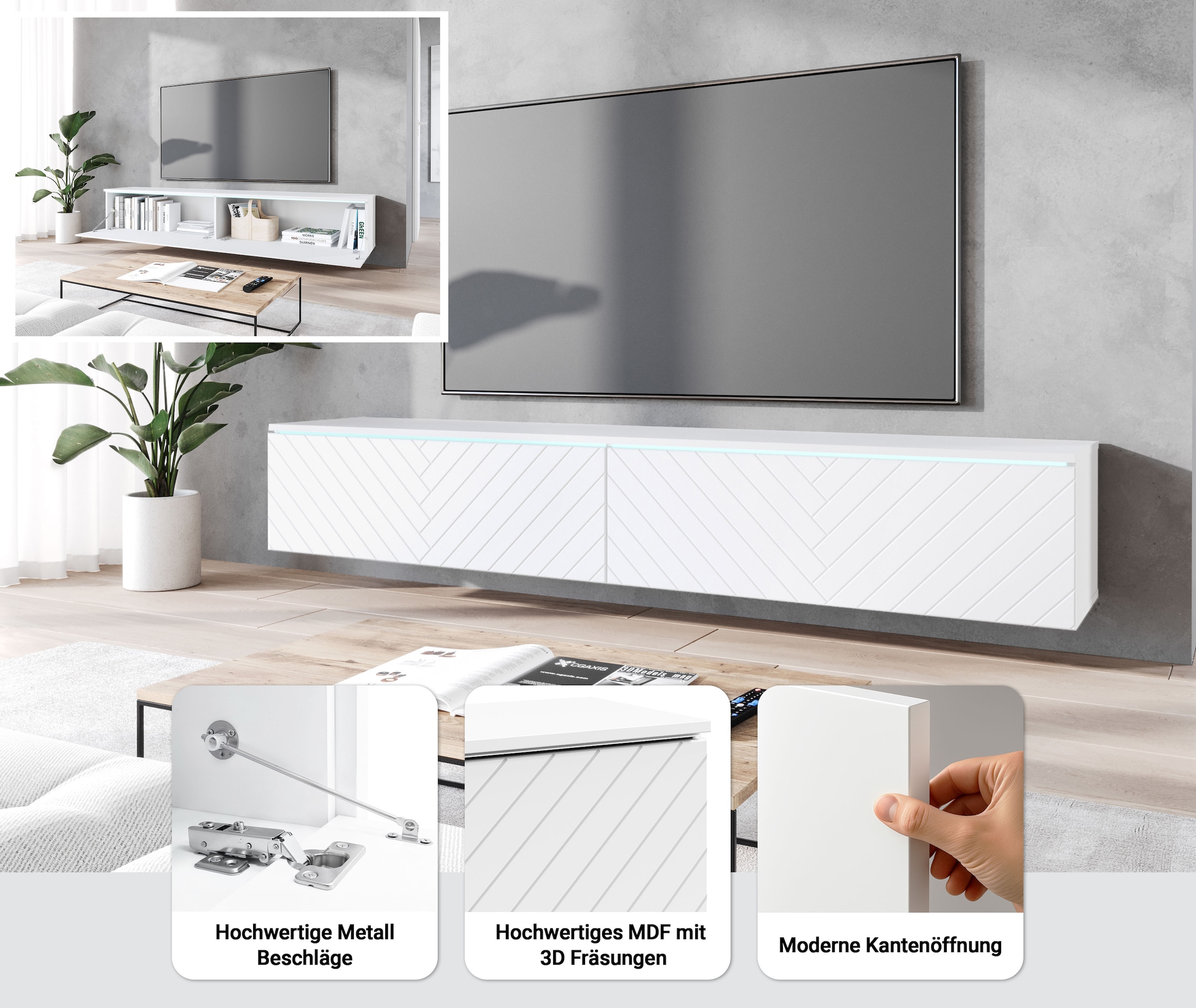 INOSIGN Lowboard »Vera, wahlweise mit oder ohne Beleuchtung«, gefräste MDF Front mit 3D Effekt, stehend und hängend montierbar